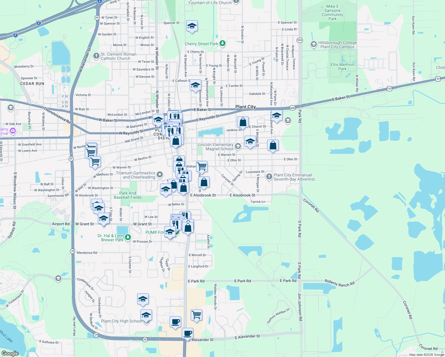 map of restaurants, bars, coffee shops, grocery stores, and more near 623 Coronet Street in Plant City