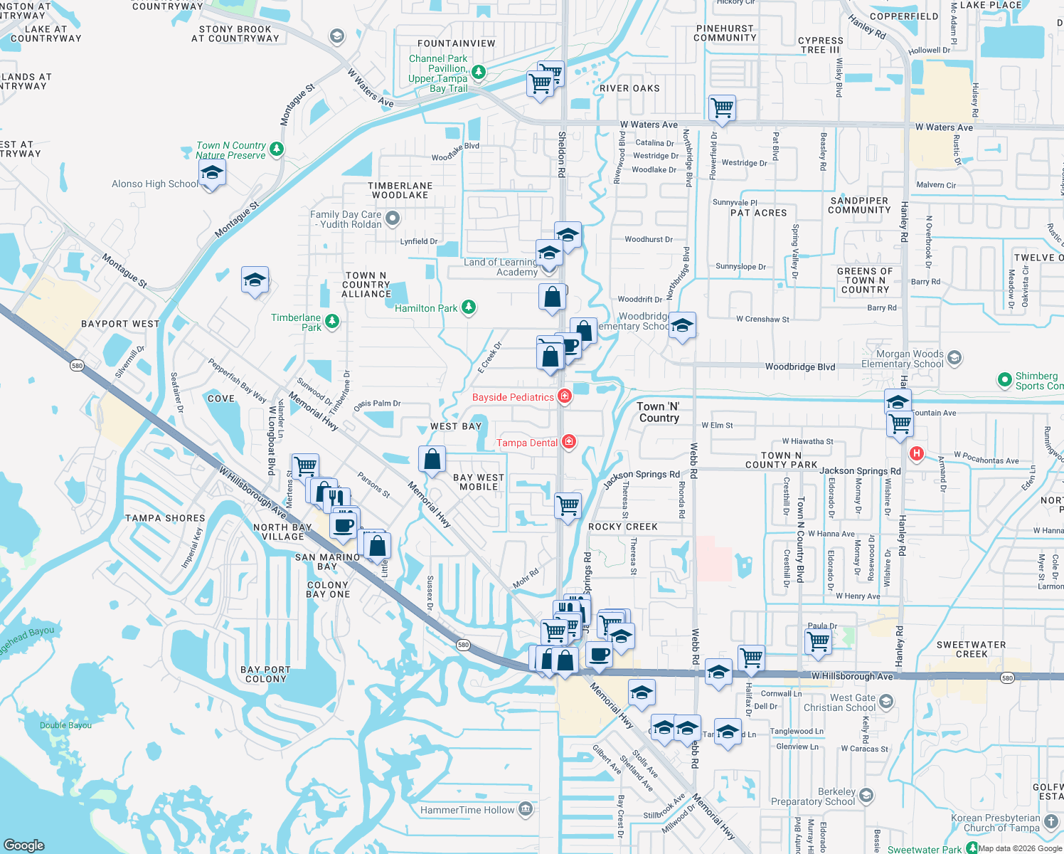 map of restaurants, bars, coffee shops, grocery stores, and more near 8812 Brennan Circle in Town 'n' Country