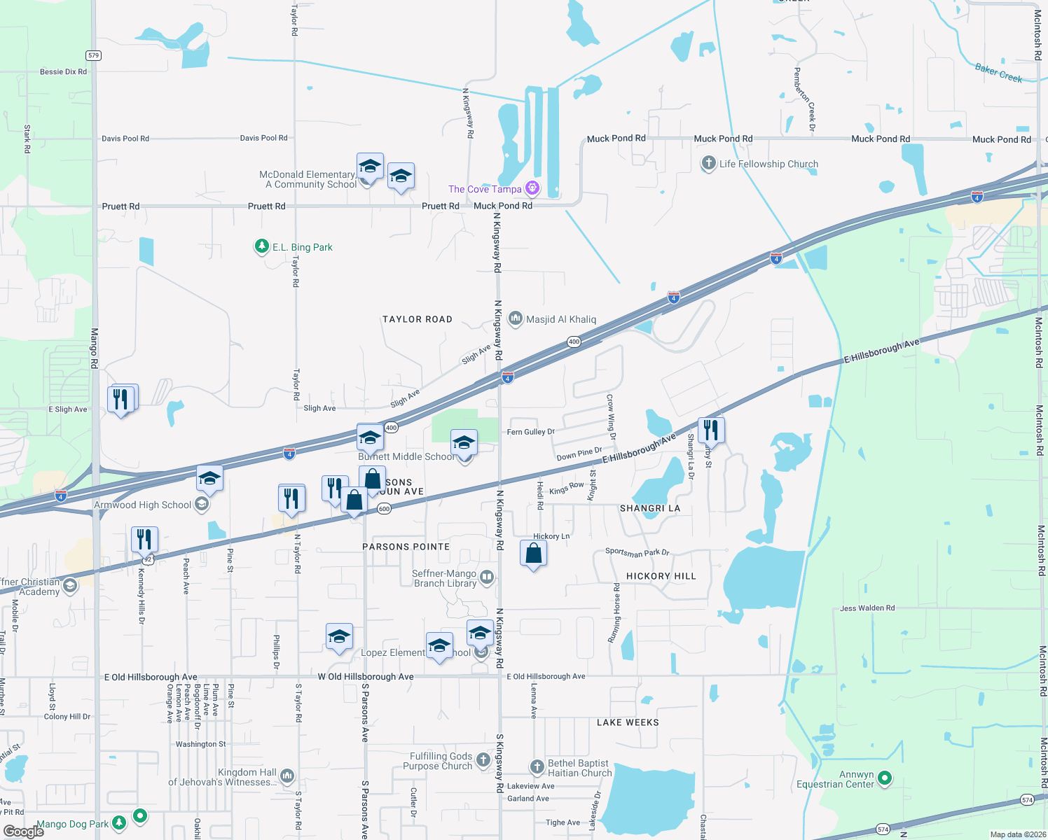 map of restaurants, bars, coffee shops, grocery stores, and more near 1109 Fennel Green Drive in Seffner