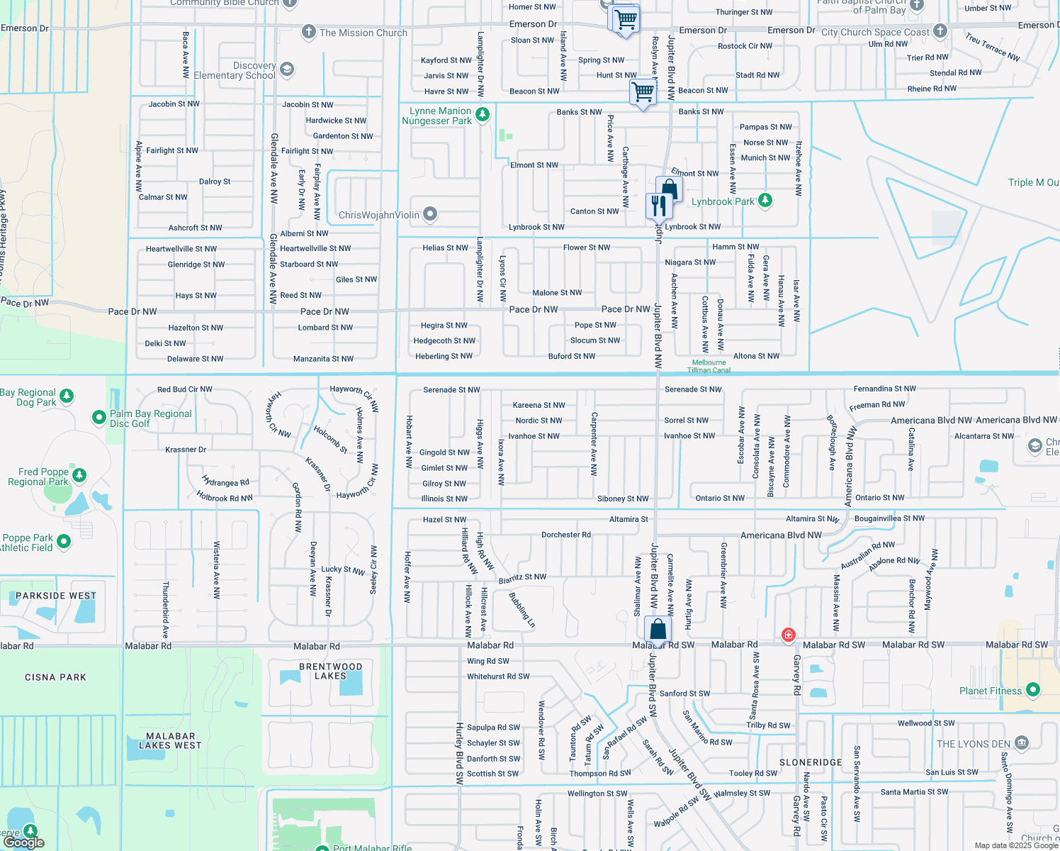 map of restaurants, bars, coffee shops, grocery stores, and more near 1162 Nordic Street Northwest in Palm Bay
