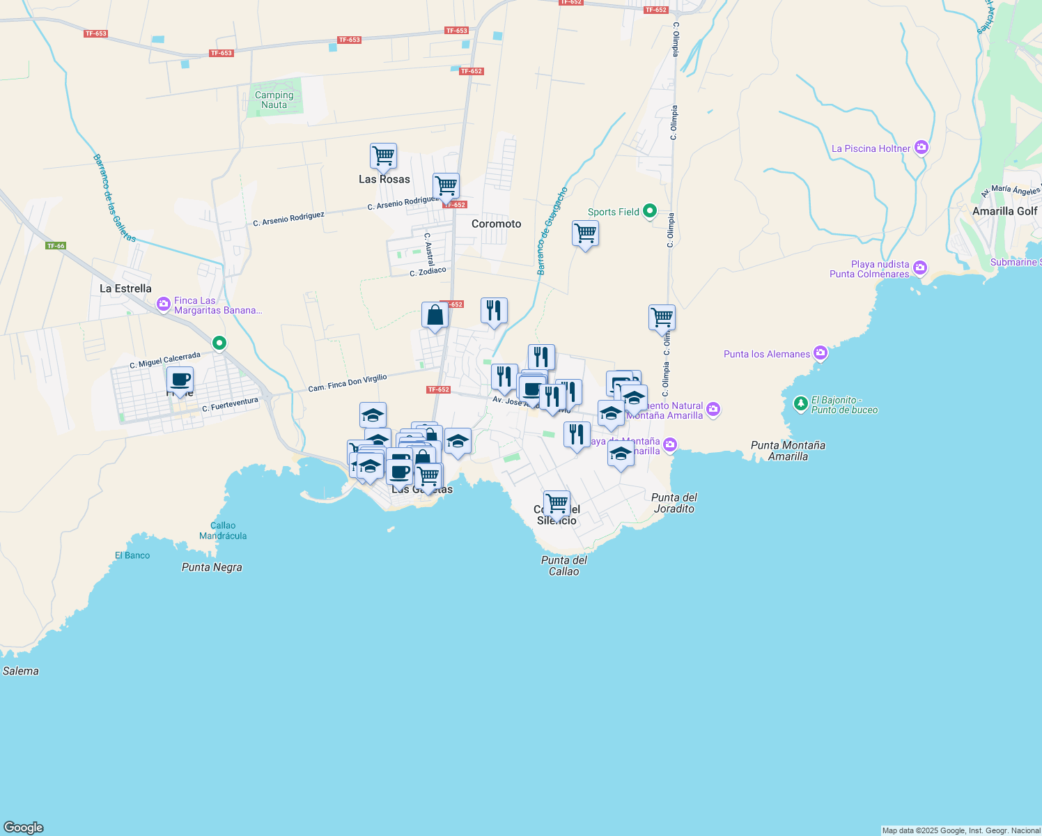 map of restaurants, bars, coffee shops, grocery stores, and more near 2 Calle Diana in Costa del Silencio