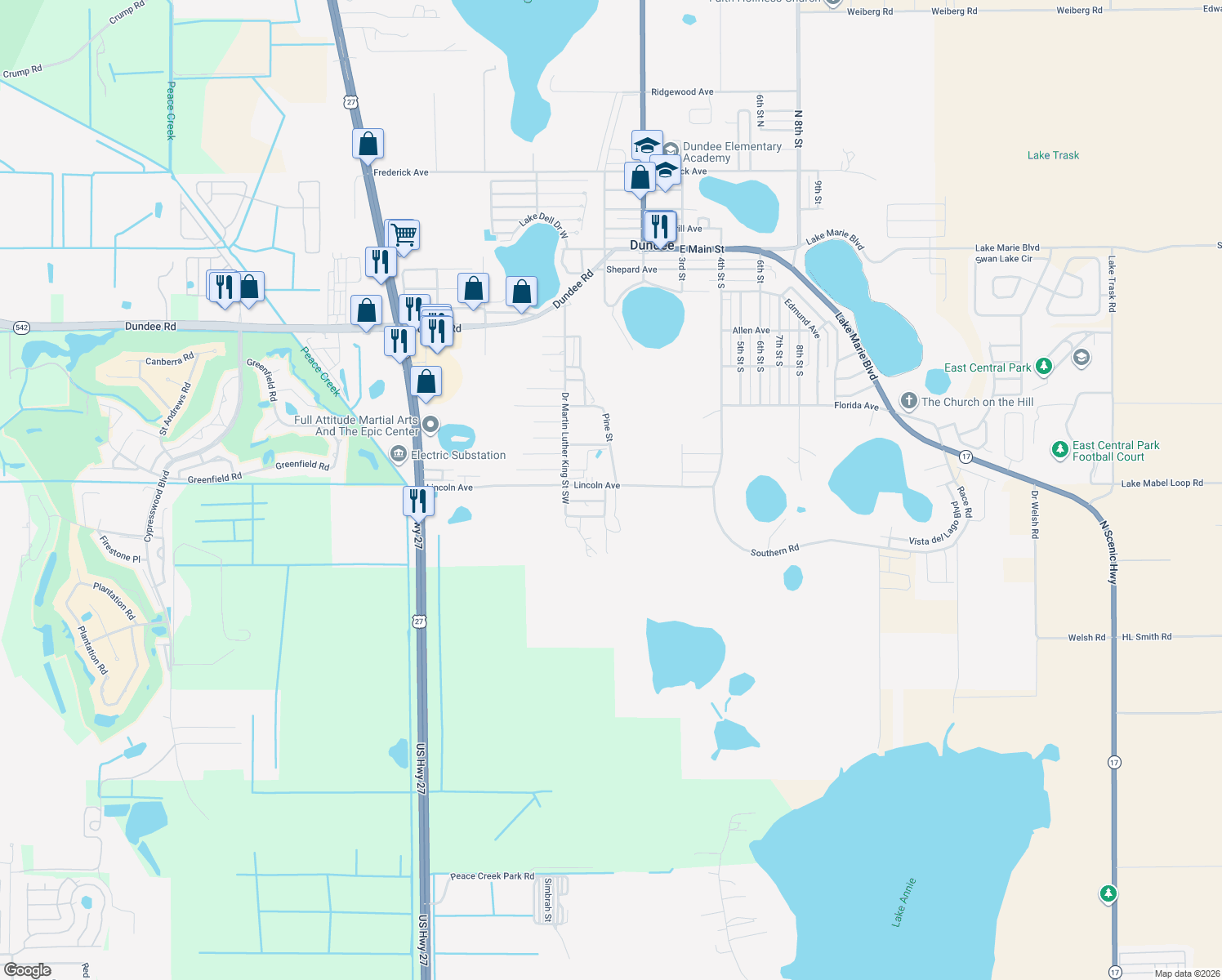 map of restaurants, bars, coffee shops, grocery stores, and more near 101 Lincoln Avenue in Dundee