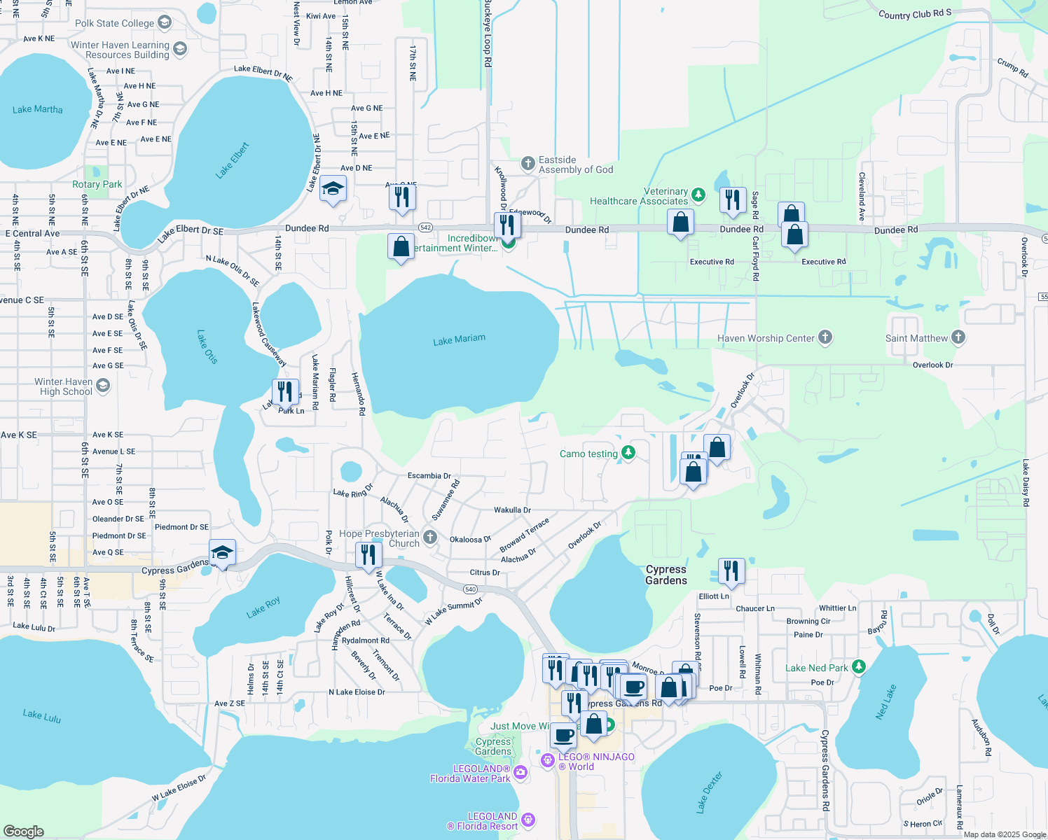 map of restaurants, bars, coffee shops, grocery stores, and more near 330 Lake Mariam Boulevard in Winter Haven