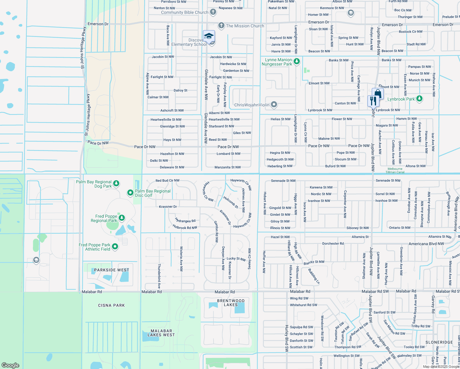map of restaurants, bars, coffee shops, grocery stores, and more near 594 Holmes Avenue Northwest in Palm Bay