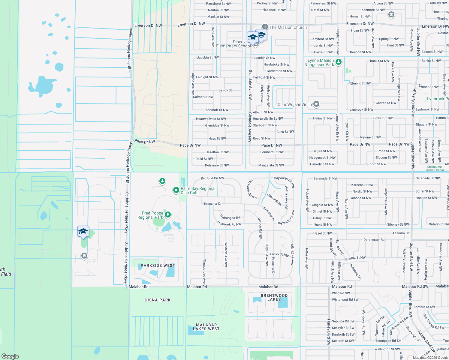 map of restaurants, bars, coffee shops, grocery stores, and more near 1752 Red Bud Circle Northwest in Palm Bay