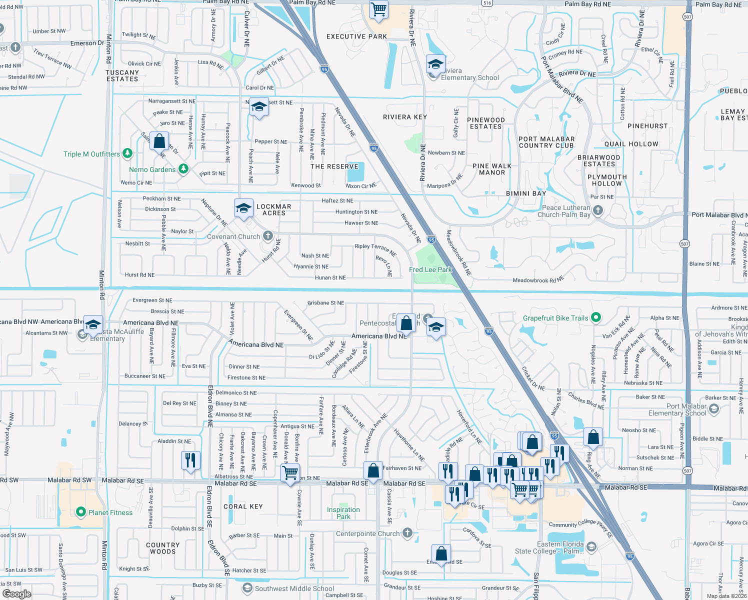 map of restaurants, bars, coffee shops, grocery stores, and more near 823 Brisbane Street Northeast in Palm Bay