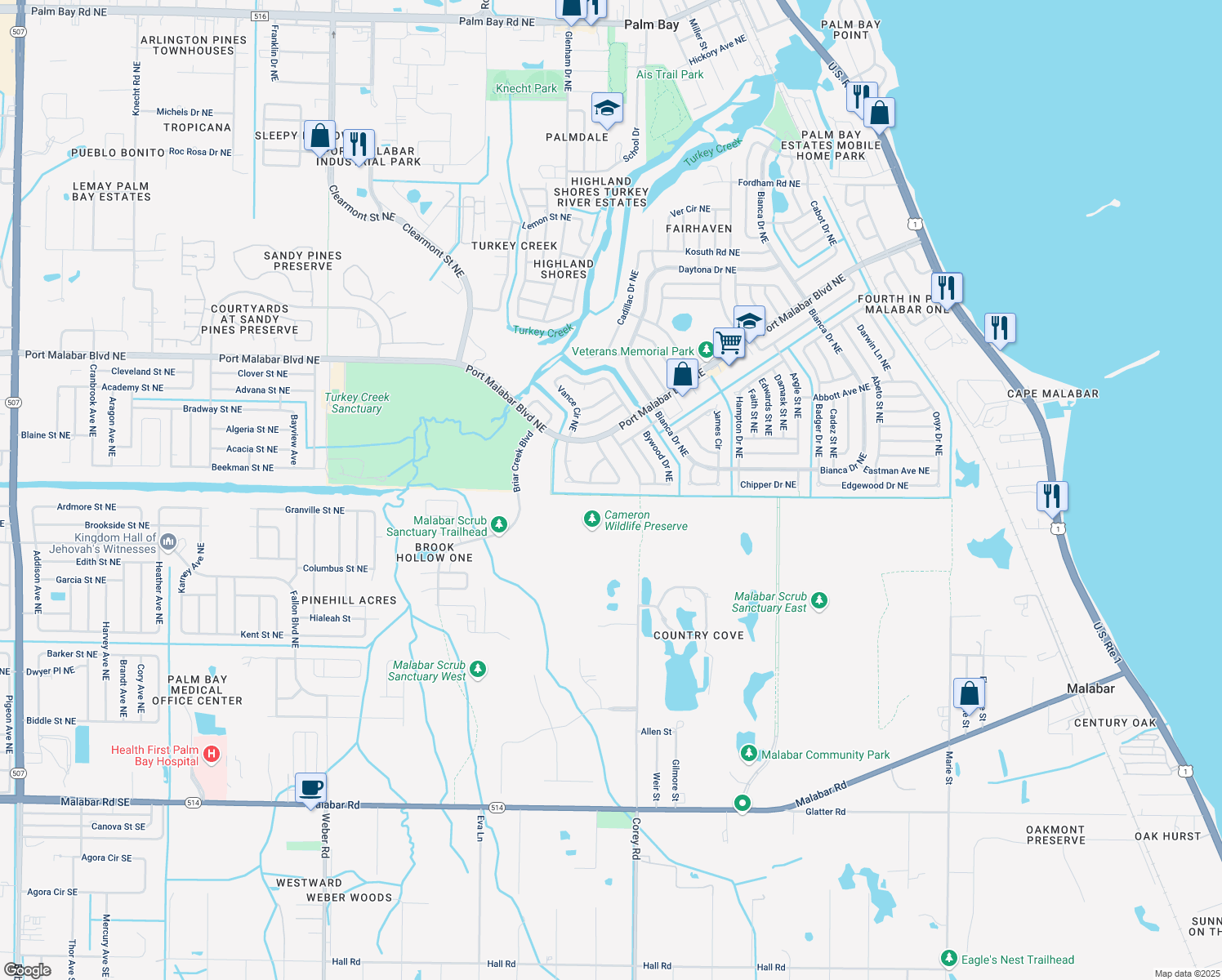 map of restaurants, bars, coffee shops, grocery stores, and more near 763 Apollo Circle Northeast in Palm Bay