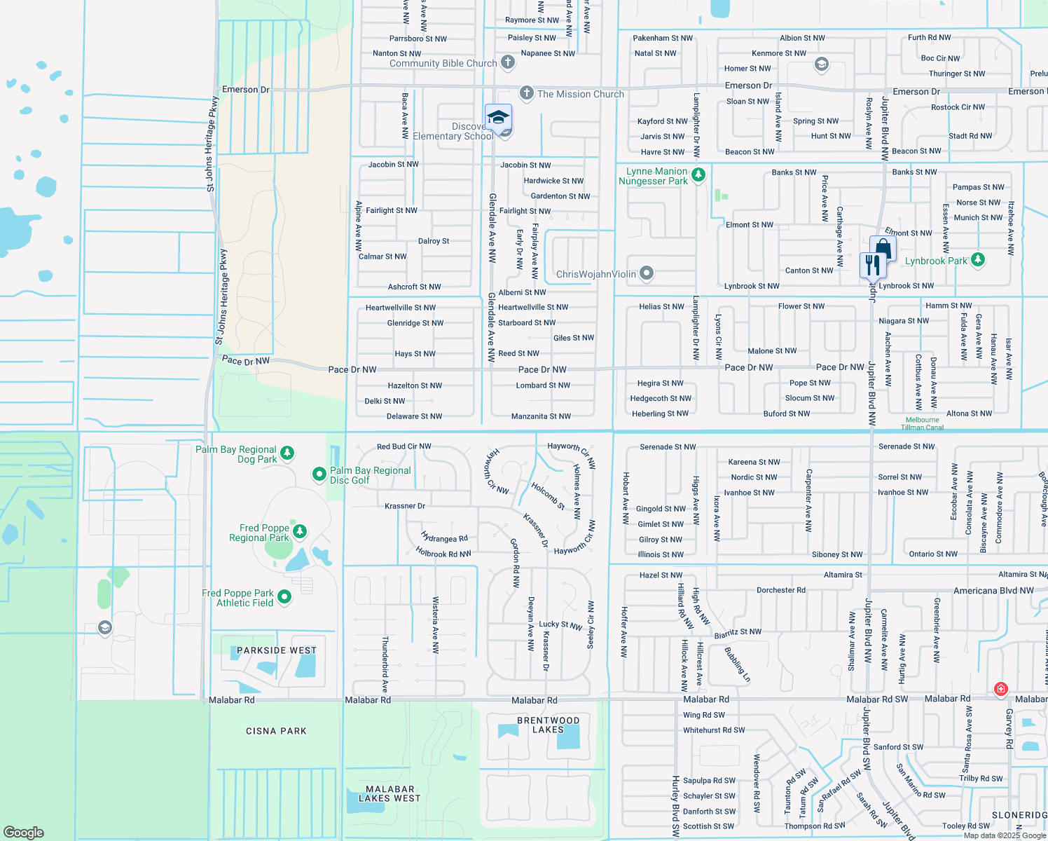 map of restaurants, bars, coffee shops, grocery stores, and more near 1542 Manzanita Street Northwest in Palm Bay