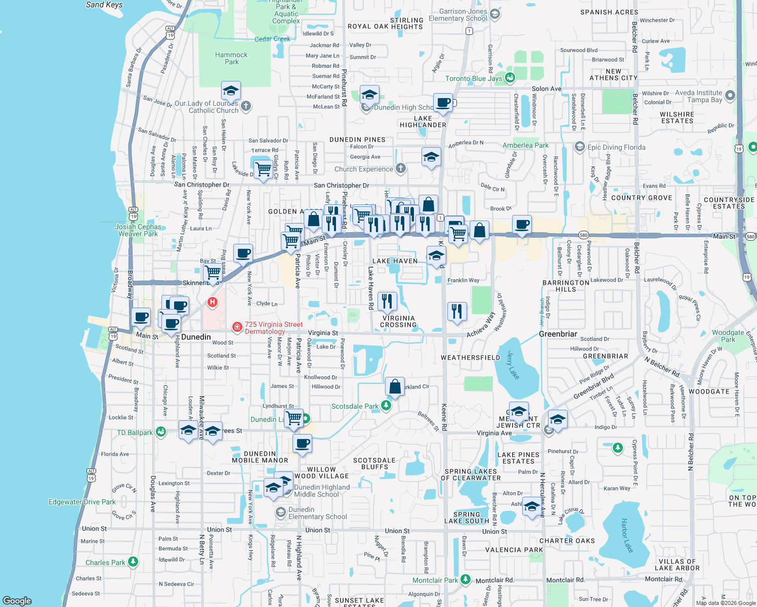 map of restaurants, bars, coffee shops, grocery stores, and more near 913 Michele Circle in Dunedin