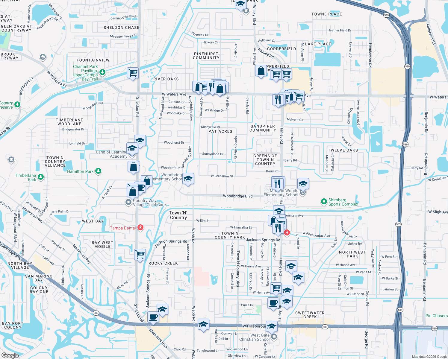 map of restaurants, bars, coffee shops, grocery stores, and more near 8000-8098 West Crenshaw Street in Town 'n' Country