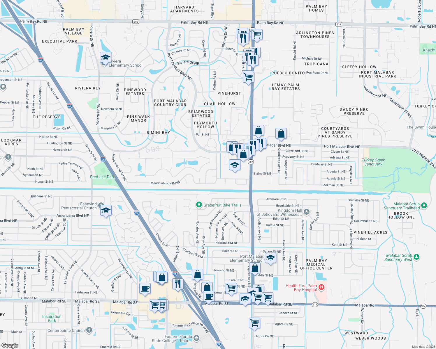 map of restaurants, bars, coffee shops, grocery stores, and more near 711 Pebble Beach Avenue Northeast in Palm Bay