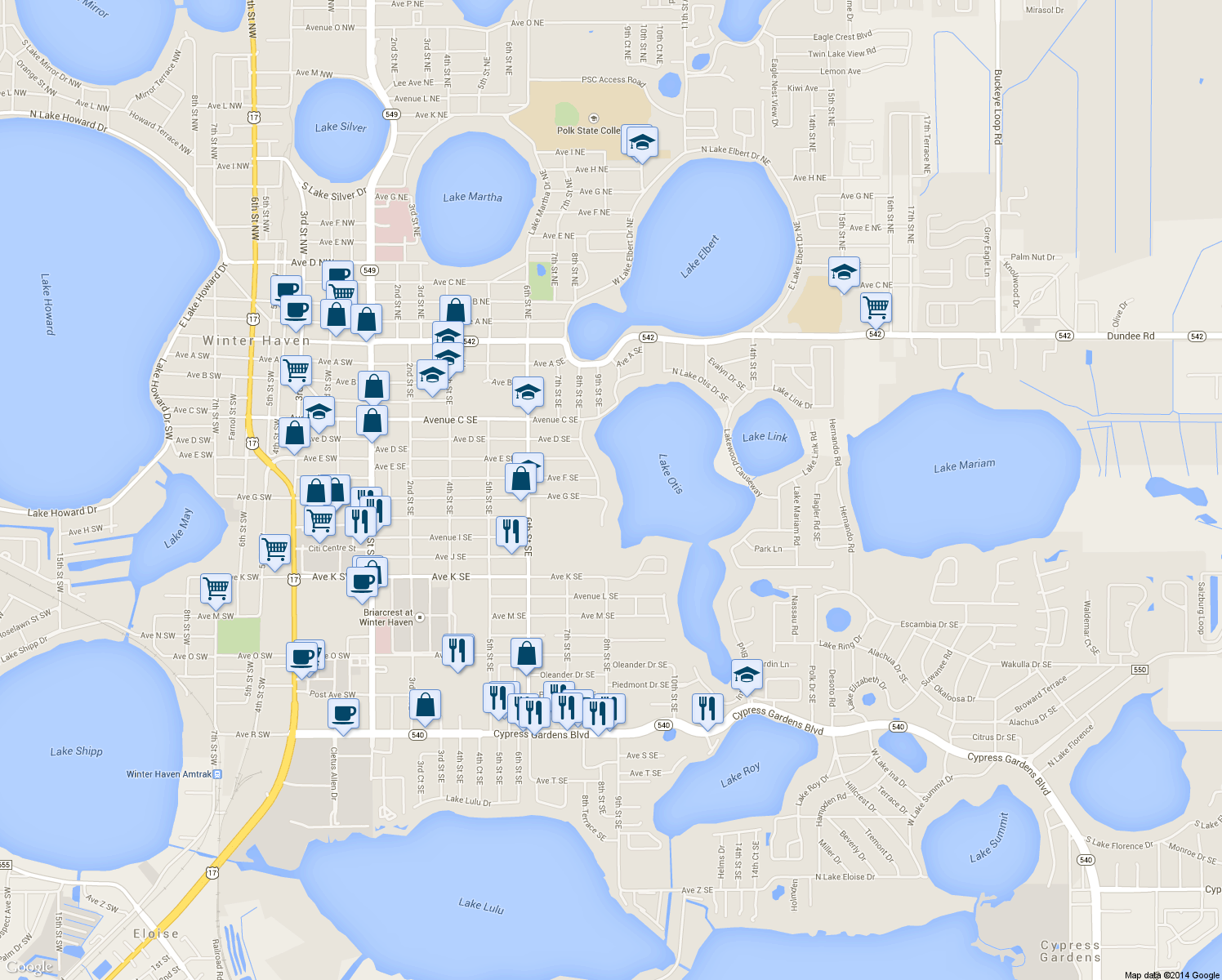 map of restaurants, bars, coffee shops, grocery stores, and more near 730 Lake Otis Drive Southeast in Winter Haven