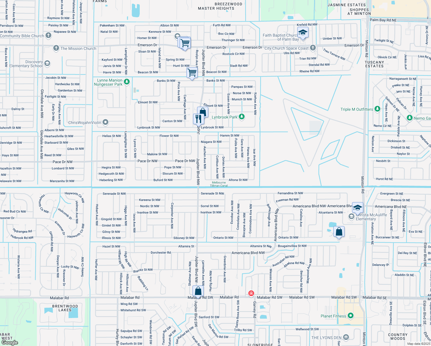 map of restaurants, bars, coffee shops, grocery stores, and more near 720 Cottbus Avenue Northwest in Palm Bay
