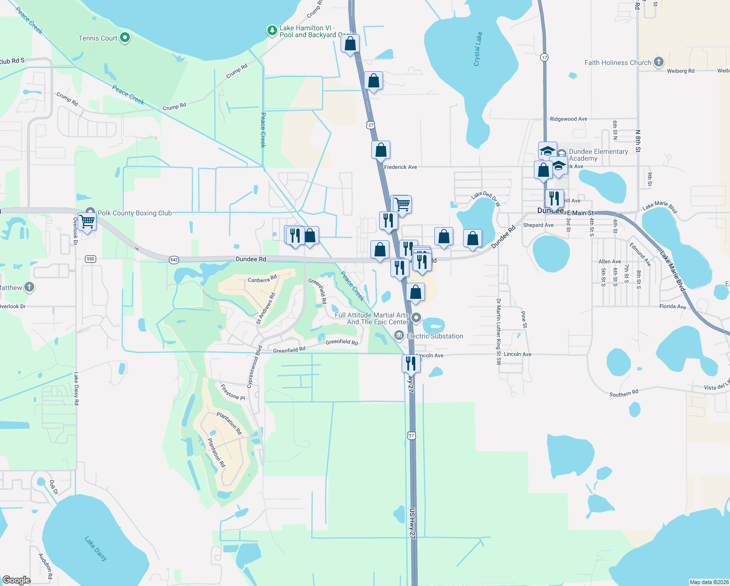 map of restaurants, bars, coffee shops, grocery stores, and more near 502 Oak Leaf Drive in Dundee