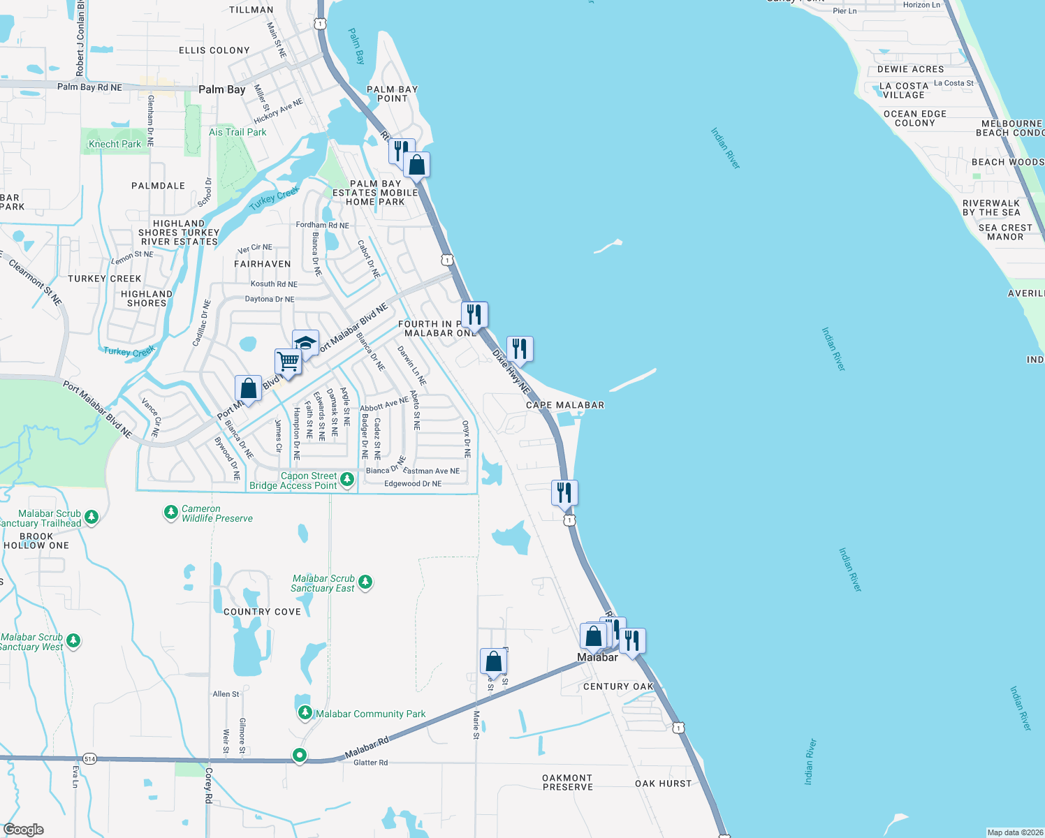 map of restaurants, bars, coffee shops, grocery stores, and more near 700-744 Wildbriar Road Northeast in Palm Bay