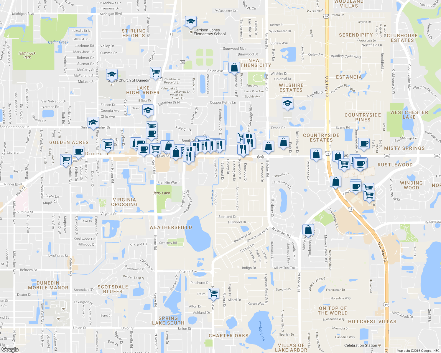 map of restaurants, bars, coffee shops, grocery stores, and more near 2617 Bellhurst Drive in Dunedin