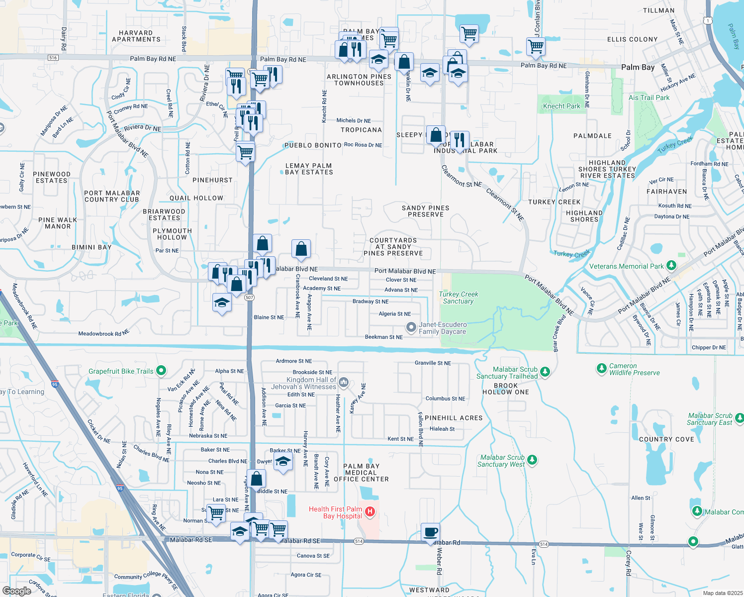 map of restaurants, bars, coffee shops, grocery stores, and more near 2005 Bradway Street Northeast in Palm Bay