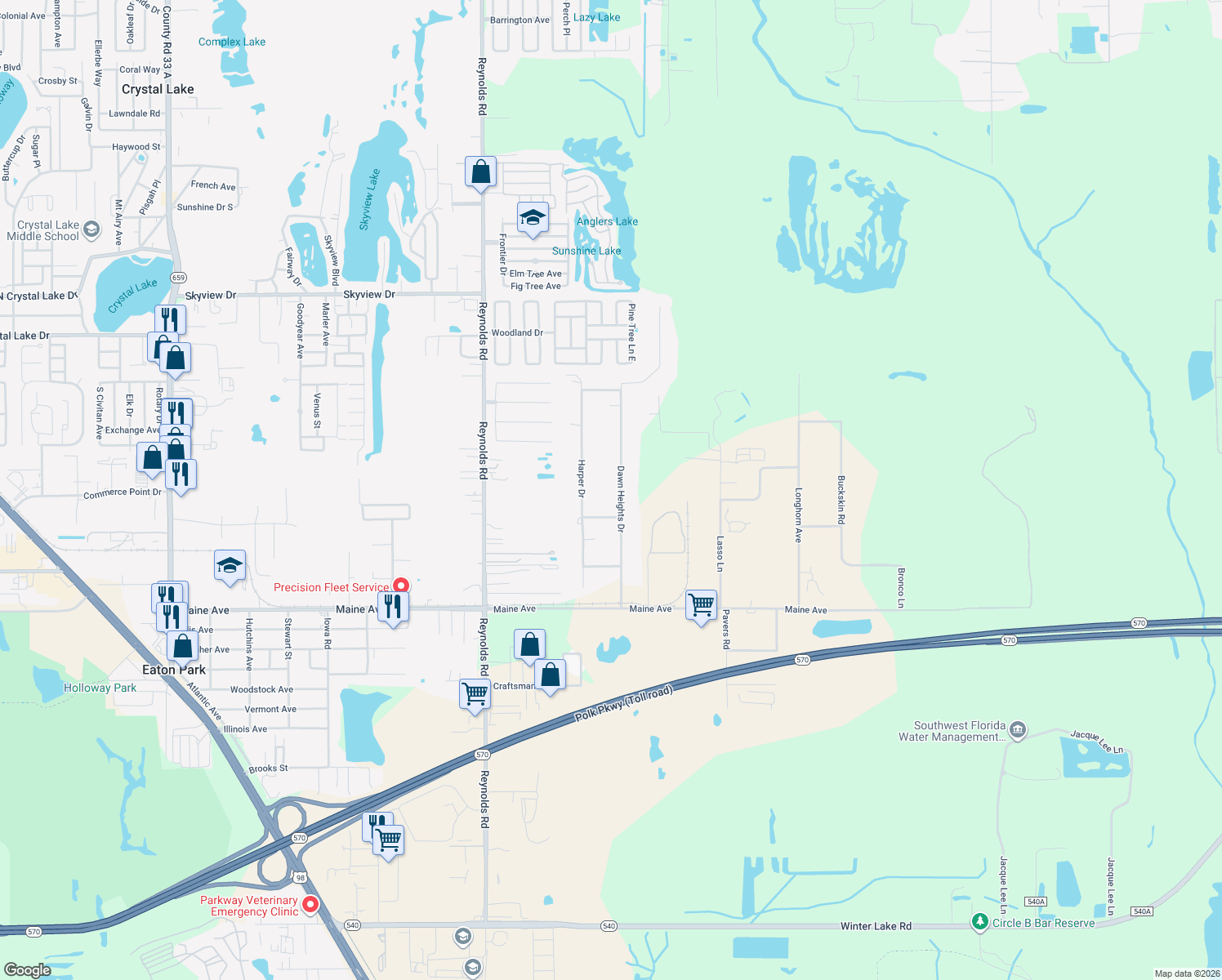 map of restaurants, bars, coffee shops, grocery stores, and more near 2211 Dawn Heights Dr in Lakeland