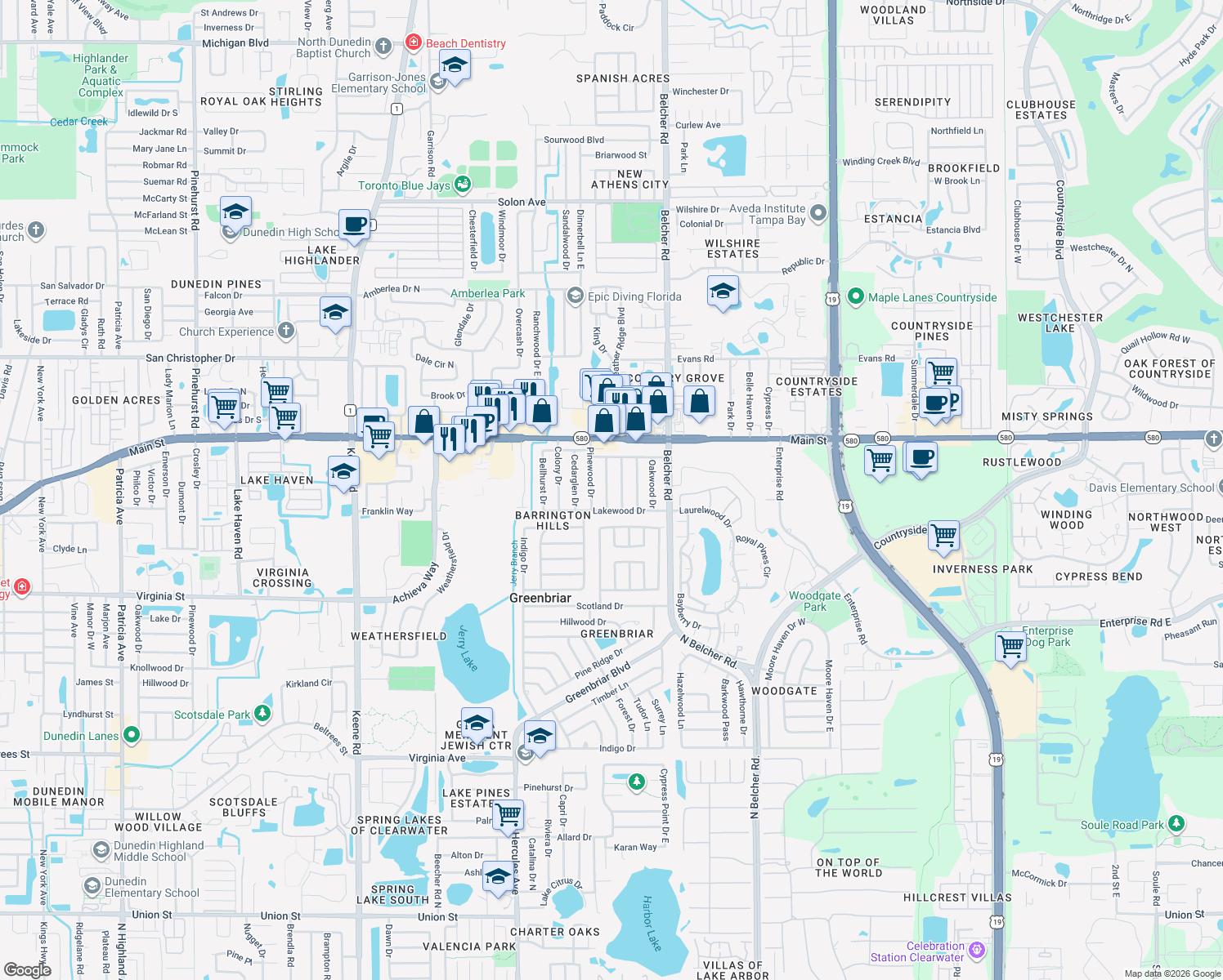 map of restaurants, bars, coffee shops, grocery stores, and more near 1073 Kenwood Drive in Dunedin