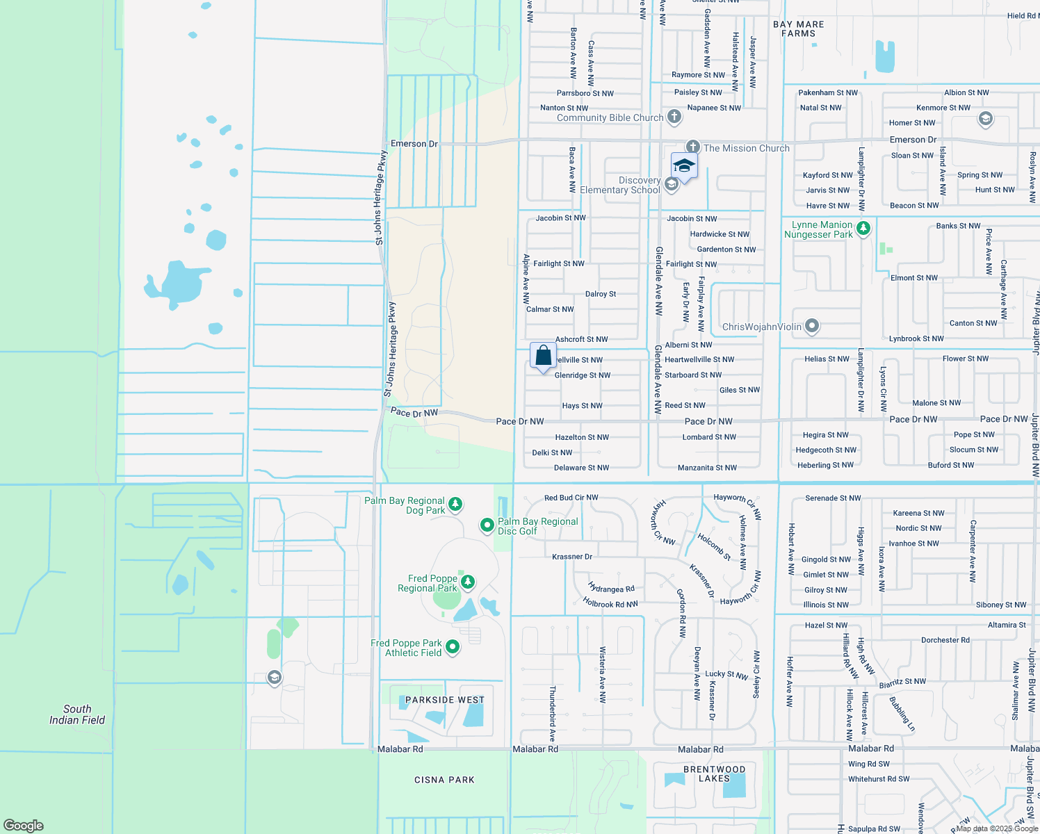 map of restaurants, bars, coffee shops, grocery stores, and more near 808 Gillmar Avenue Northwest in Palm Bay