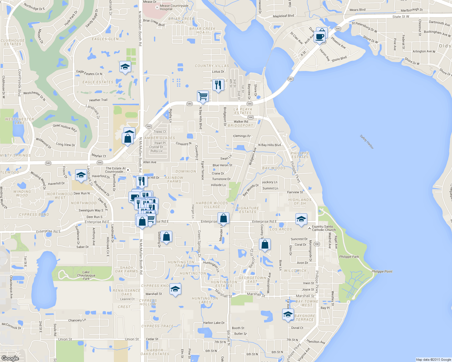map of restaurants, bars, coffee shops, grocery stores, and more near 45 Turnstone Drive in Safety Harbor