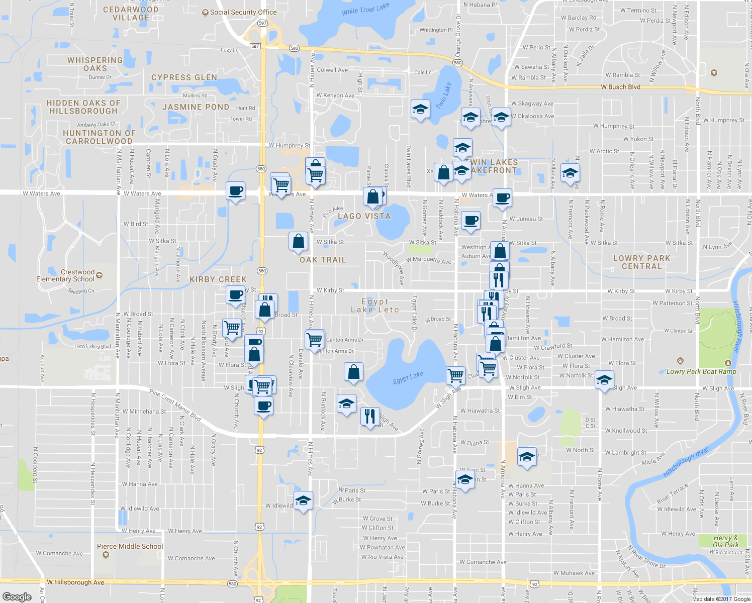 map of restaurants, bars, coffee shops, grocery stores, and more near 7608 Lakeside Boulevard in Tampa