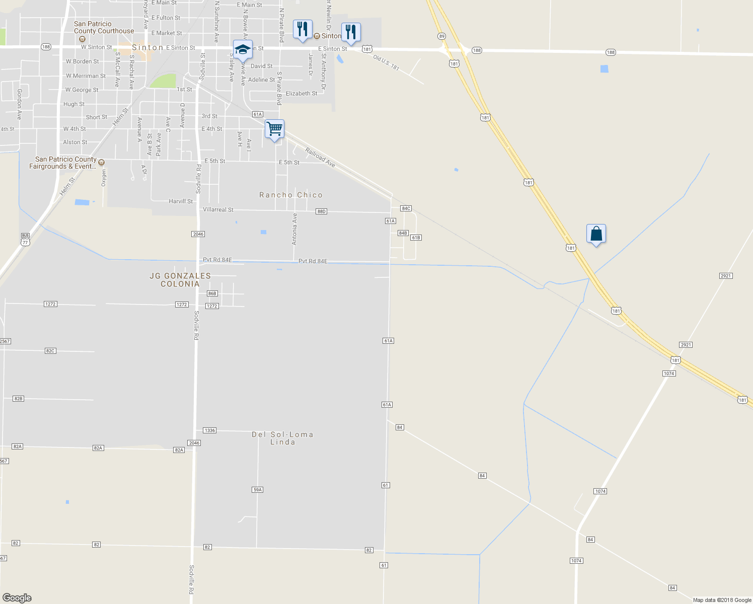 map of restaurants, bars, coffee shops, grocery stores, and more near 7555 County Road 2763 in Sinton