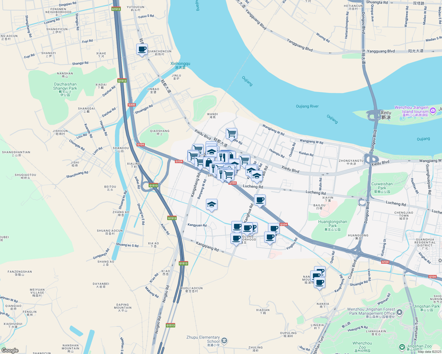 map of restaurants, bars, coffee shops, grocery stores, and more near in Wenzhou