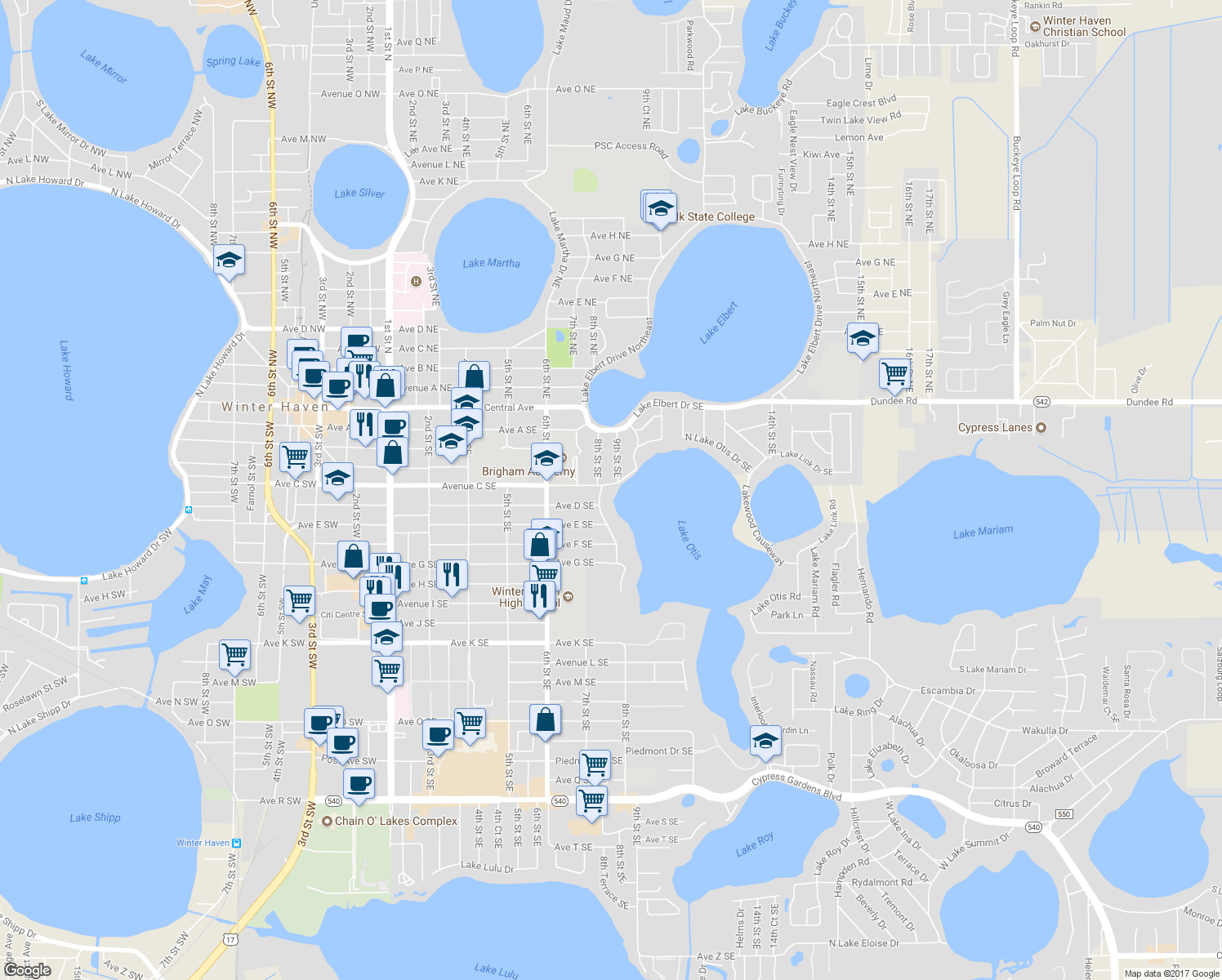 map of restaurants, bars, coffee shops, grocery stores, and more near 300 Lake Otis Drive Southeast in Winter Haven