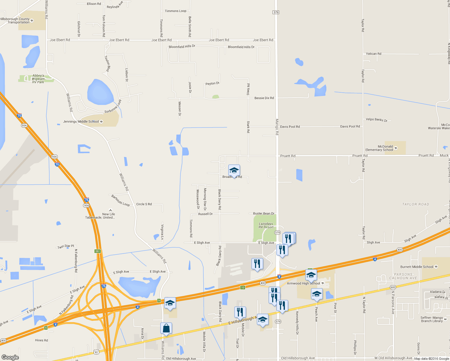 map of restaurants, bars, coffee shops, grocery stores, and more near 11305 Broadview Road in Seffner