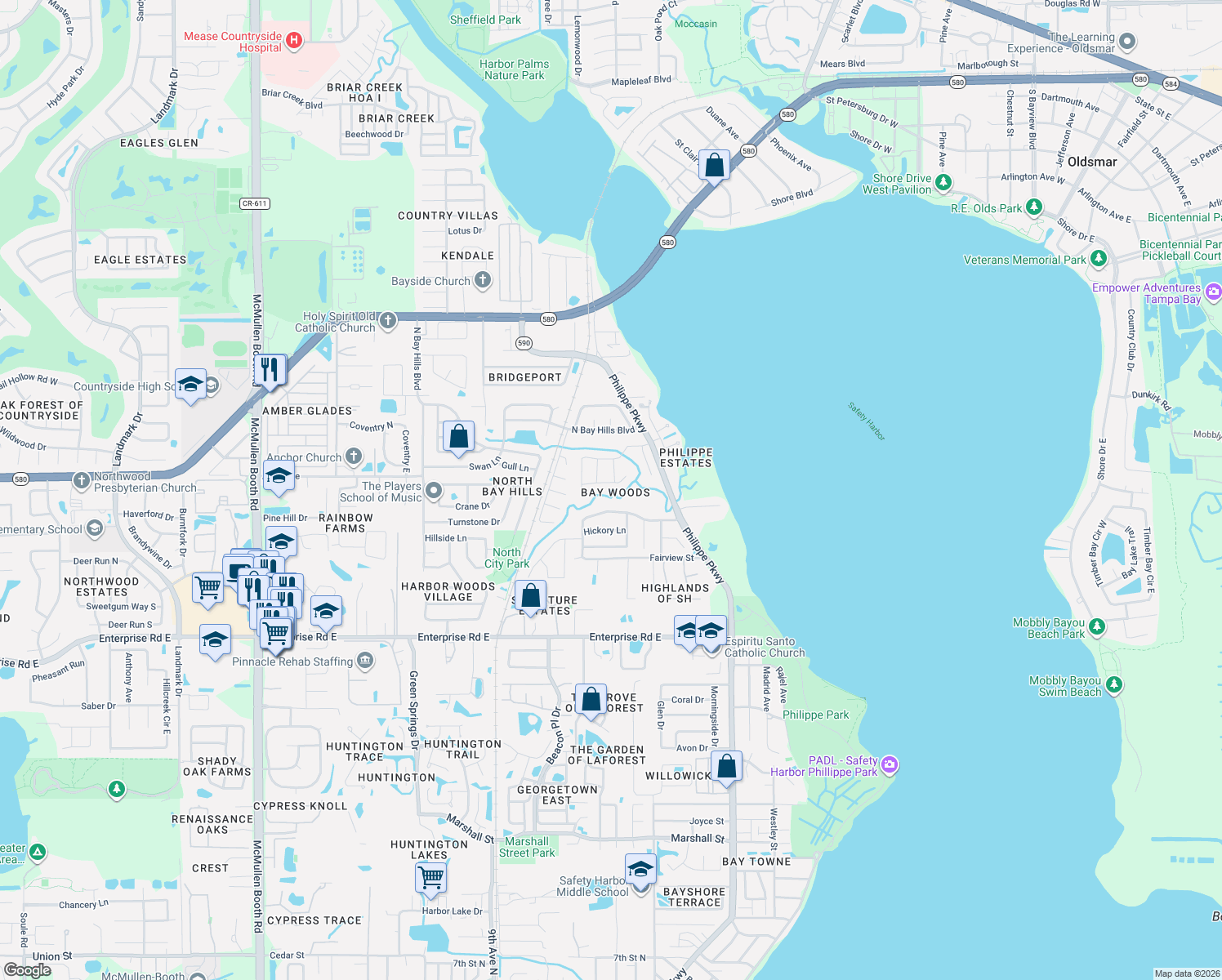 map of restaurants, bars, coffee shops, grocery stores, and more near 210 Woodland Court in Safety Harbor
