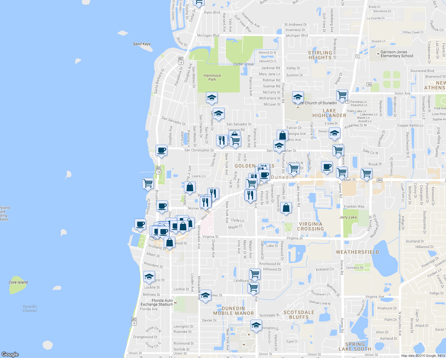 map of restaurants, bars, coffee shops, grocery stores, and more near 1215 Orange Avenue in Dunedin