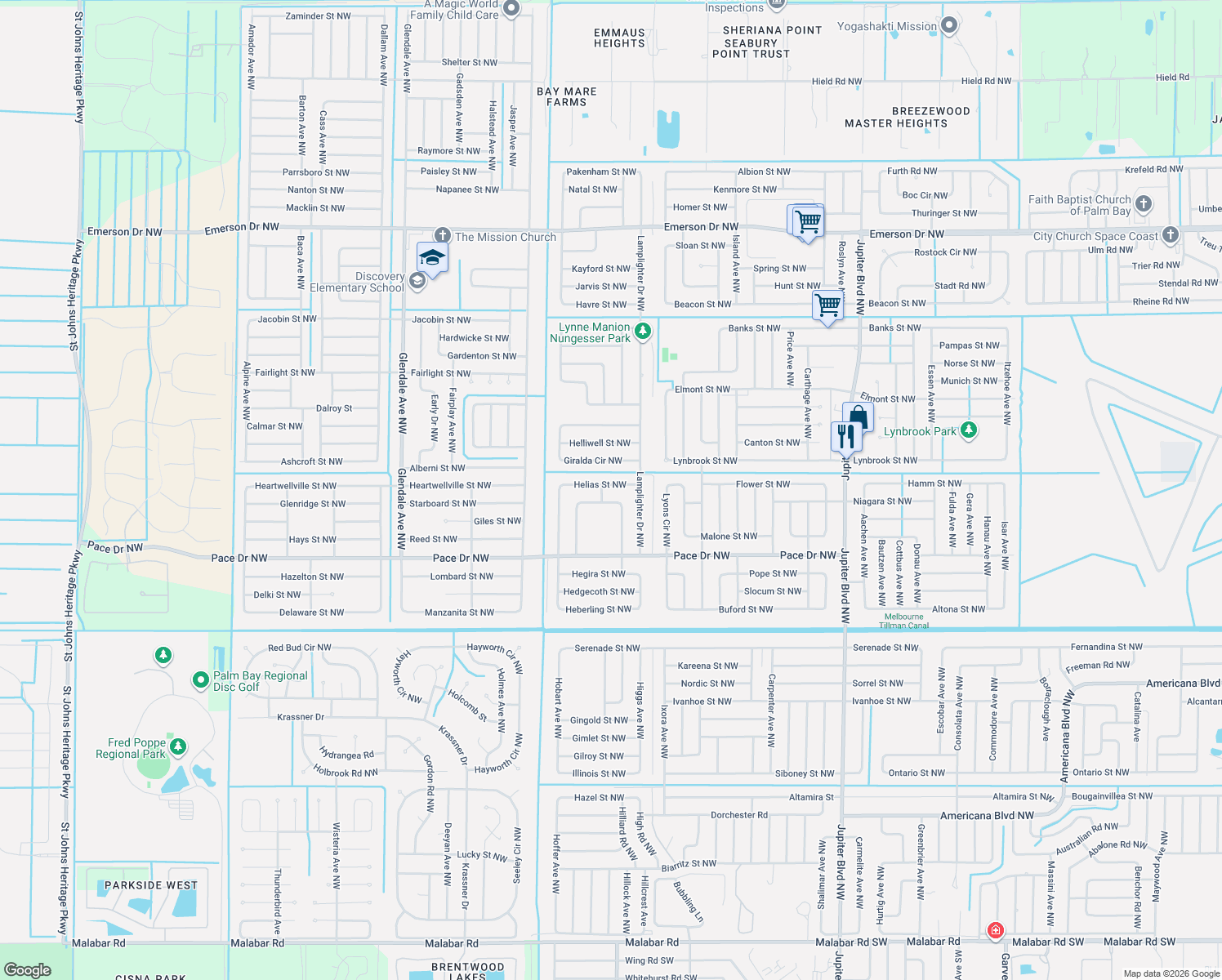 map of restaurants, bars, coffee shops, grocery stores, and more near 1266 Helias Street Northwest in Palm Bay