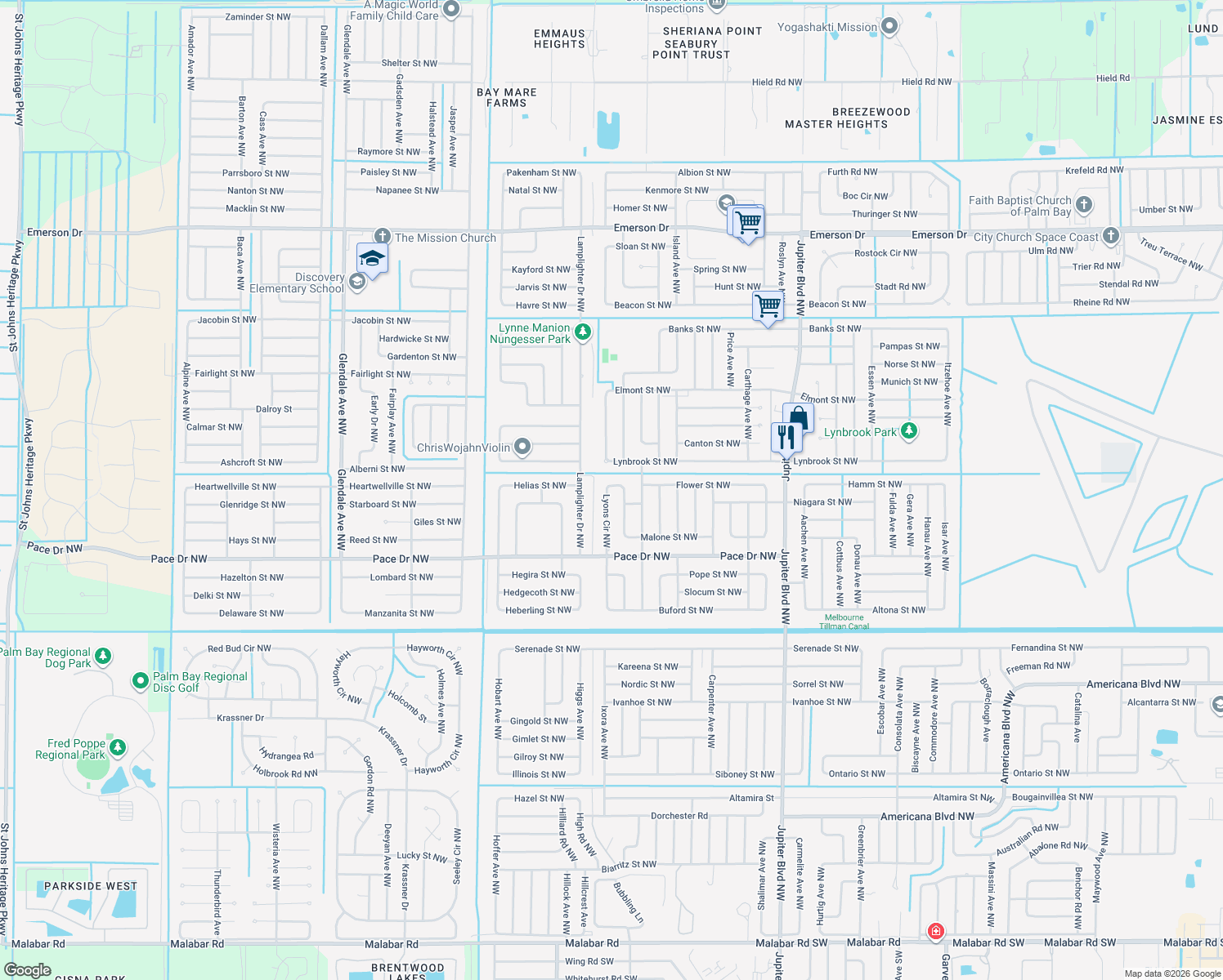 map of restaurants, bars, coffee shops, grocery stores, and more near 920 Lyons Circle Northwest in Palm Bay