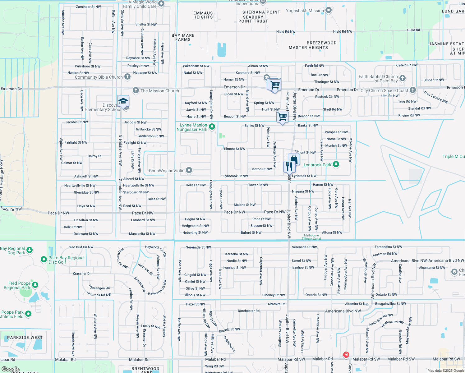 map of restaurants, bars, coffee shops, grocery stores, and more near 924 Highland Avenue Northwest in Palm Bay