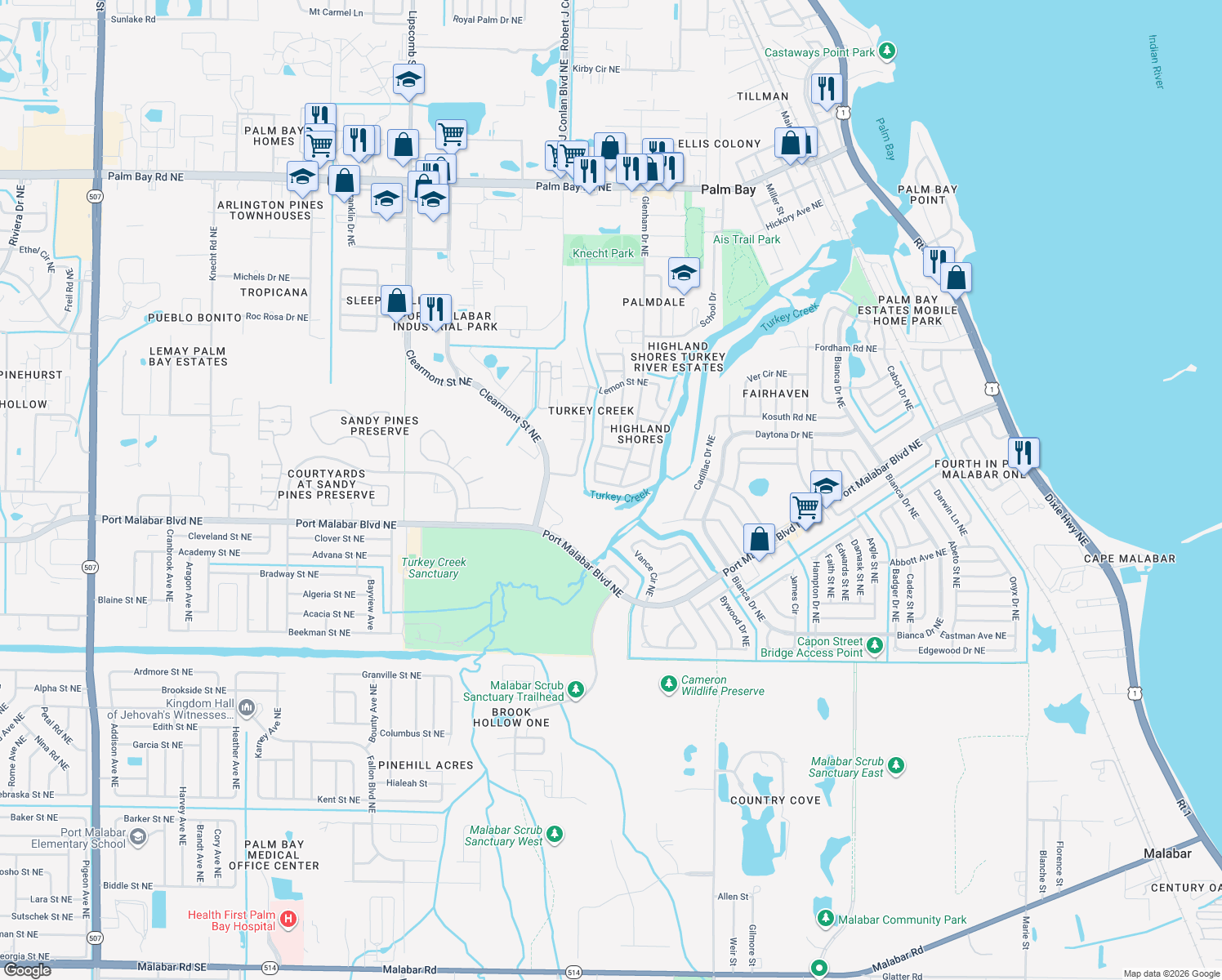 map of restaurants, bars, coffee shops, grocery stores, and more near 895 Sunswept Road Northeast in Palm Bay