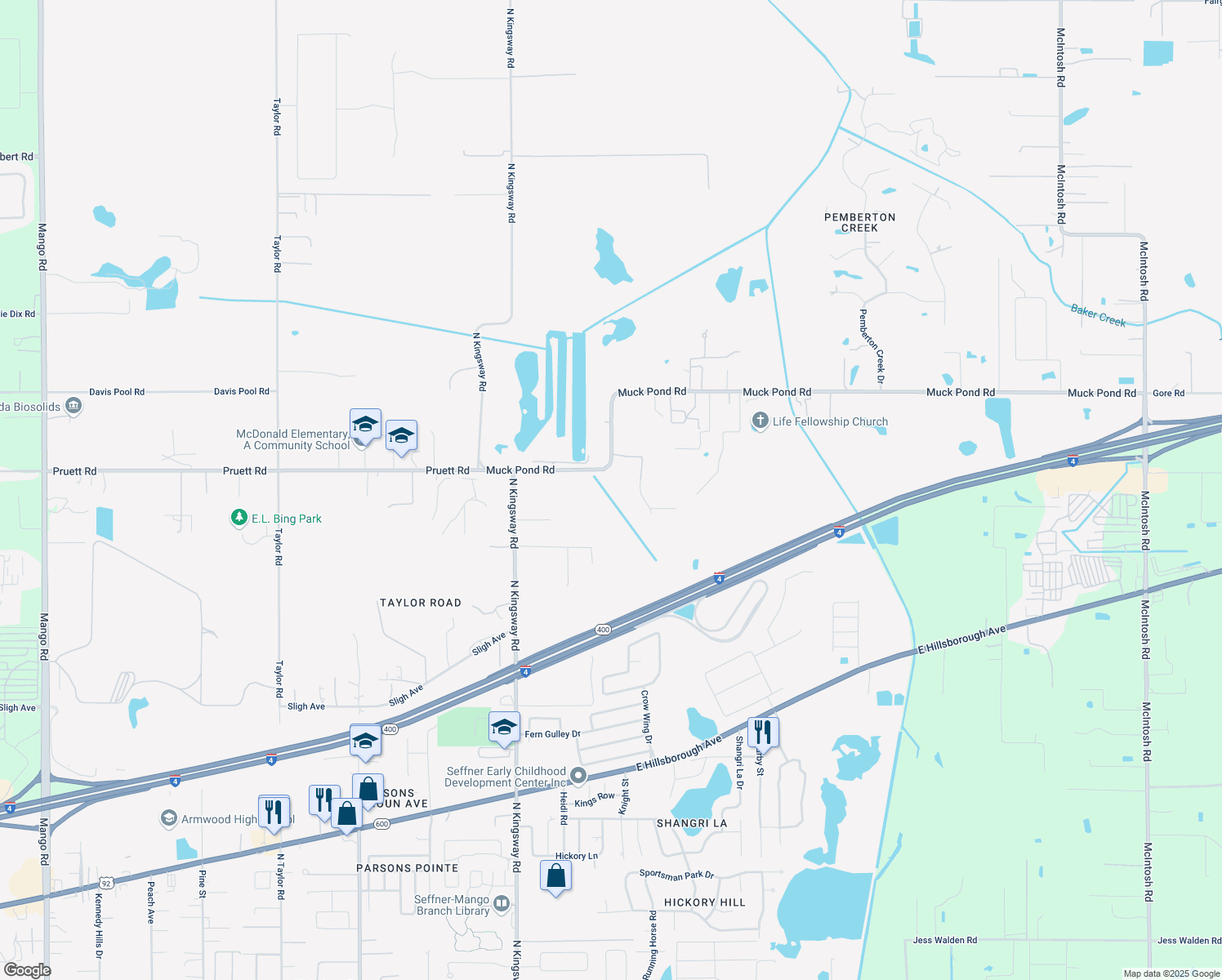 map of restaurants, bars, coffee shops, grocery stores, and more near 6215 Muck Pond Road in Seffner