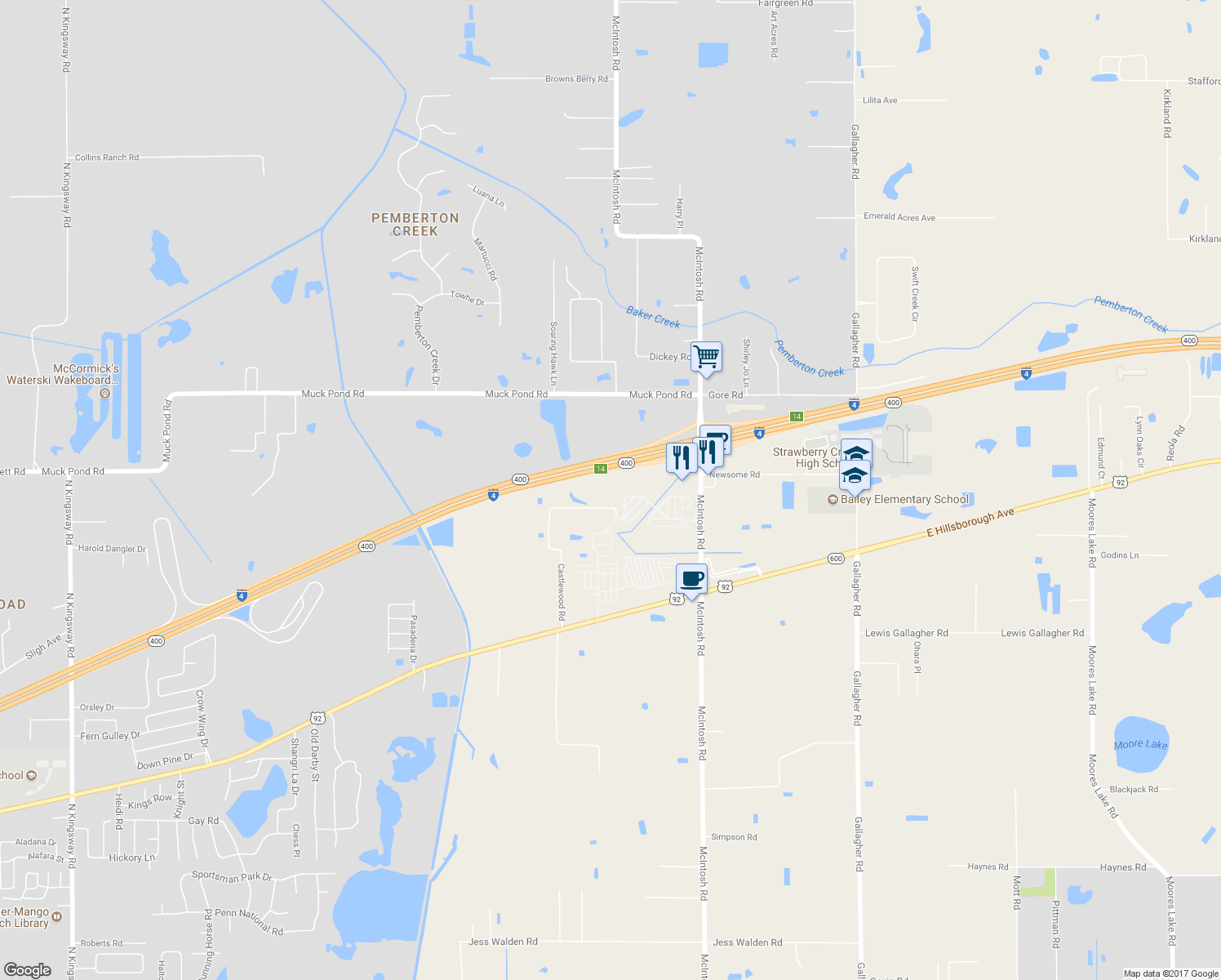 map of restaurants, bars, coffee shops, grocery stores, and more near 4774 Castlewood Road in Seffner