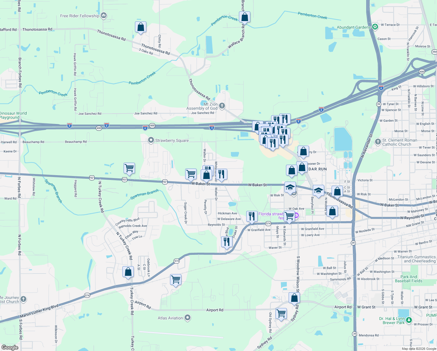 map of restaurants, bars, coffee shops, grocery stores, and more near 702 Whitehurst Road in Plant City