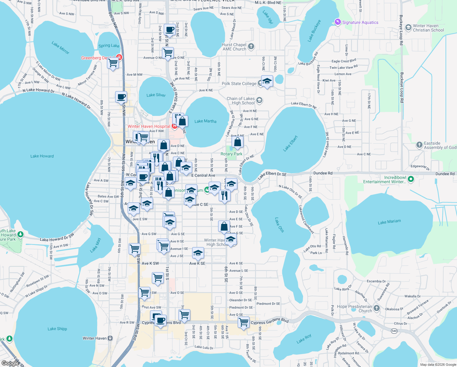 map of restaurants, bars, coffee shops, grocery stores, and more near 620 Avenue A Southeast in Winter Haven
