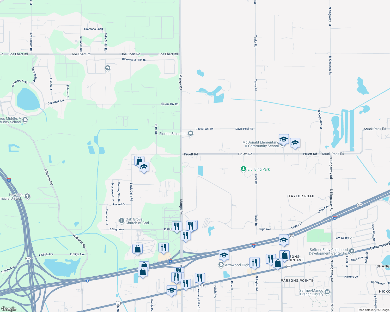 map of restaurants, bars, coffee shops, grocery stores, and more near 11717 Pruett Road in Seffner