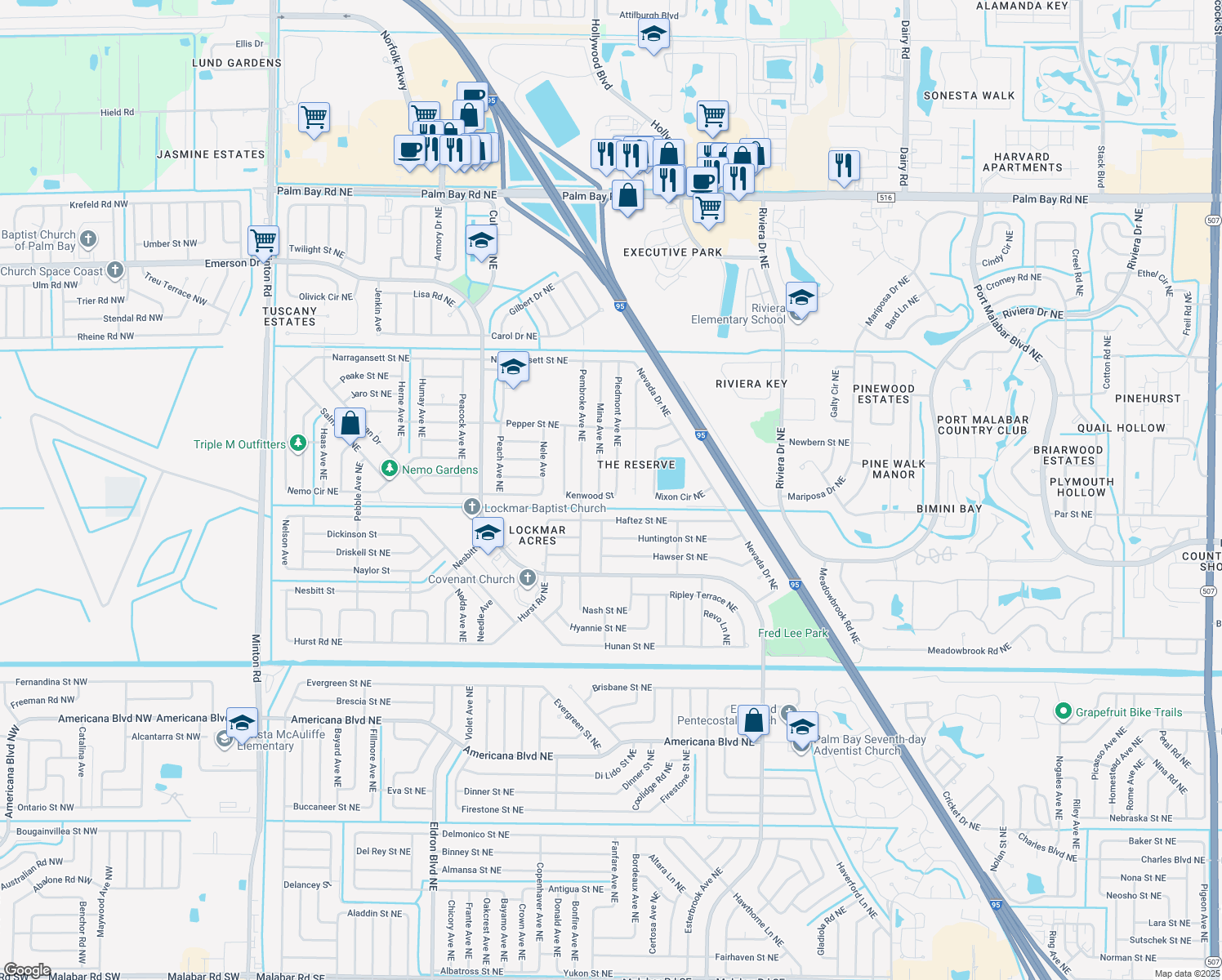 map of restaurants, bars, coffee shops, grocery stores, and more near 683 Kenwood Street Northeast in Palm Bay