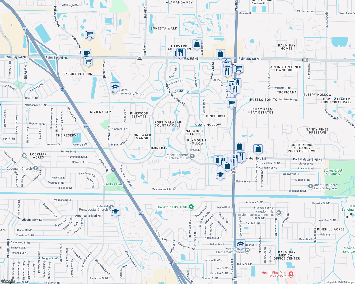 map of restaurants, bars, coffee shops, grocery stores, and more near 932 Waialae Circle Northeast in Palm Bay