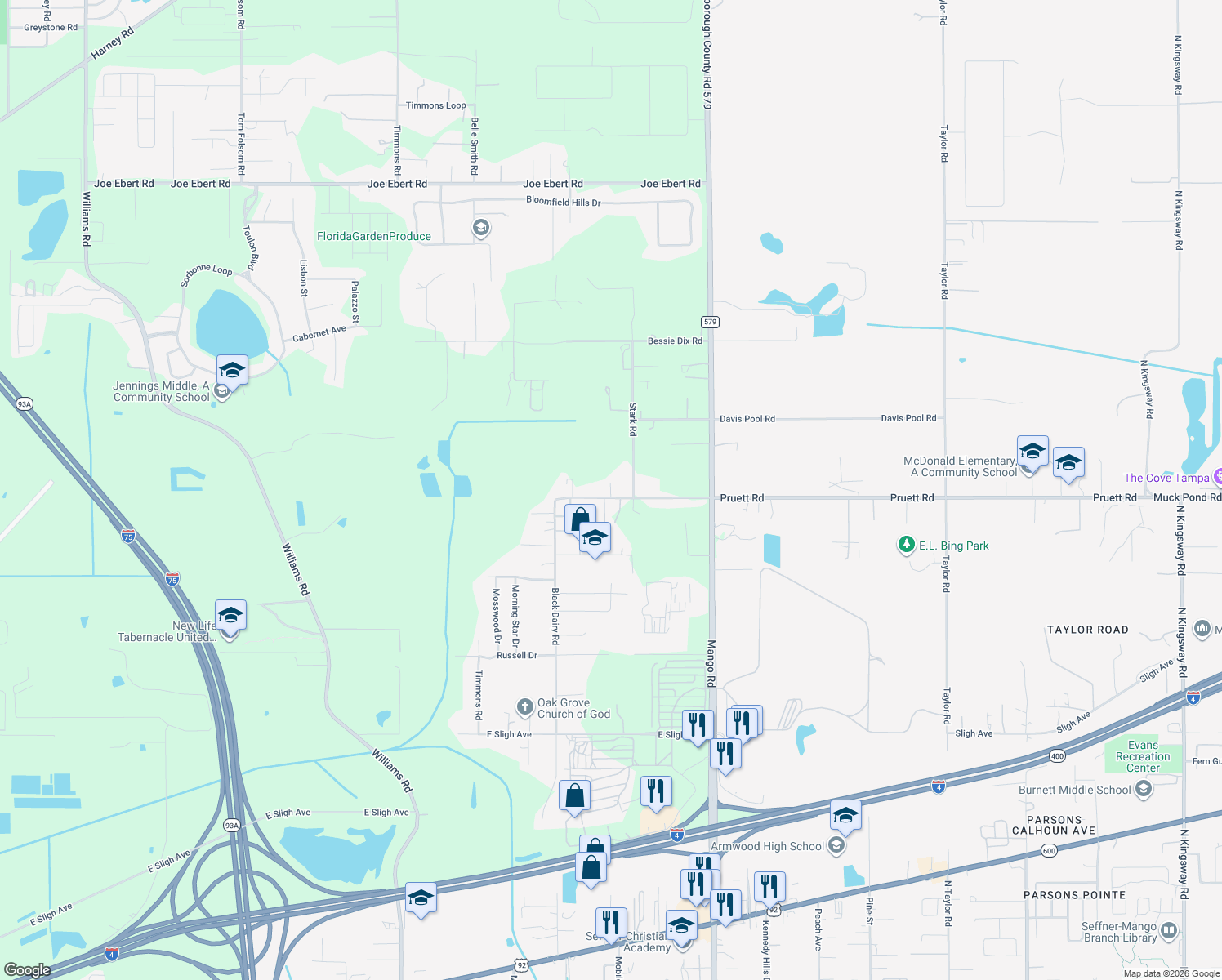 map of restaurants, bars, coffee shops, grocery stores, and more near 6502 Joe Luke Lane in Seffner
