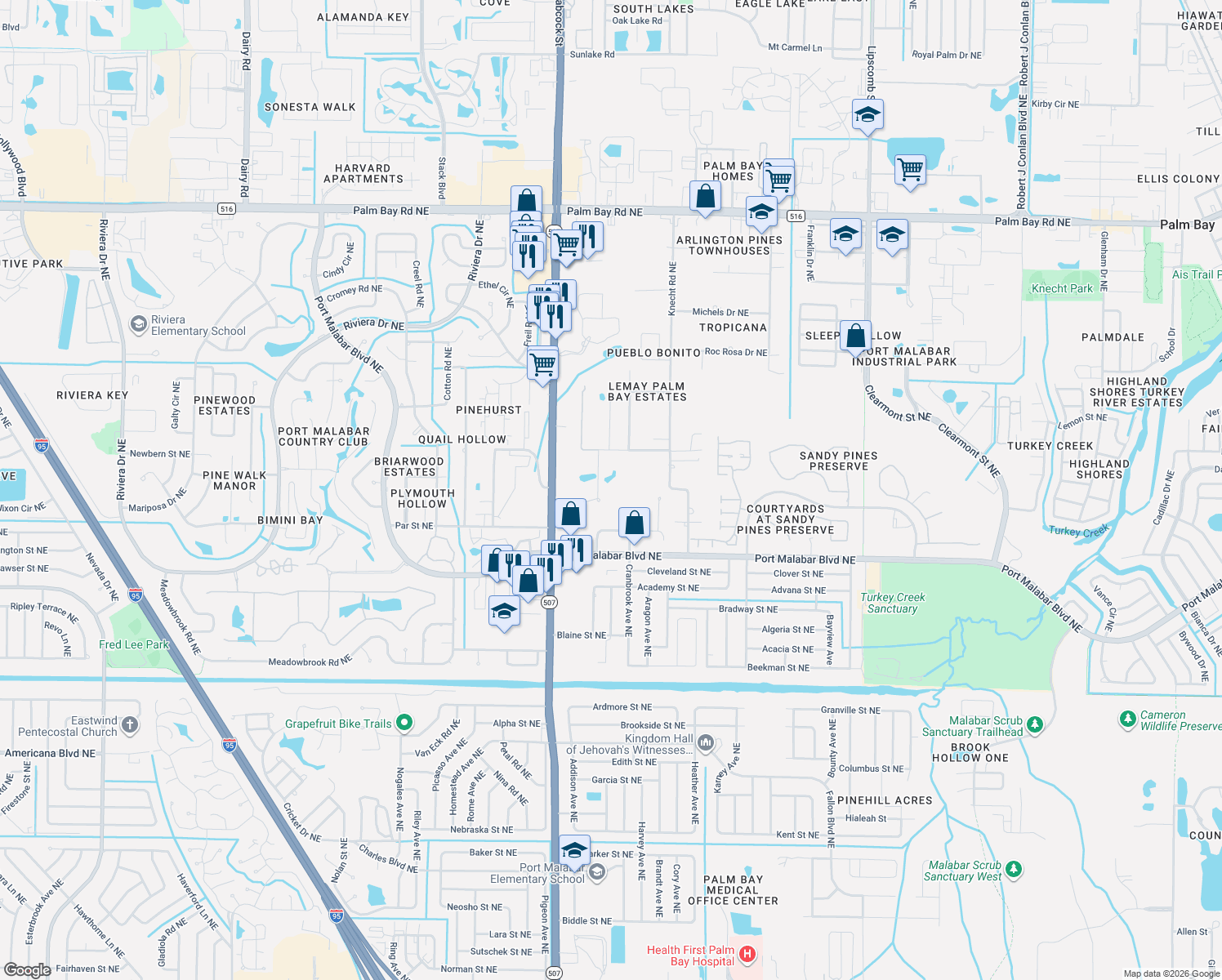 map of restaurants, bars, coffee shops, grocery stores, and more near 1802 Hardin Lane Northeast in Palm Bay