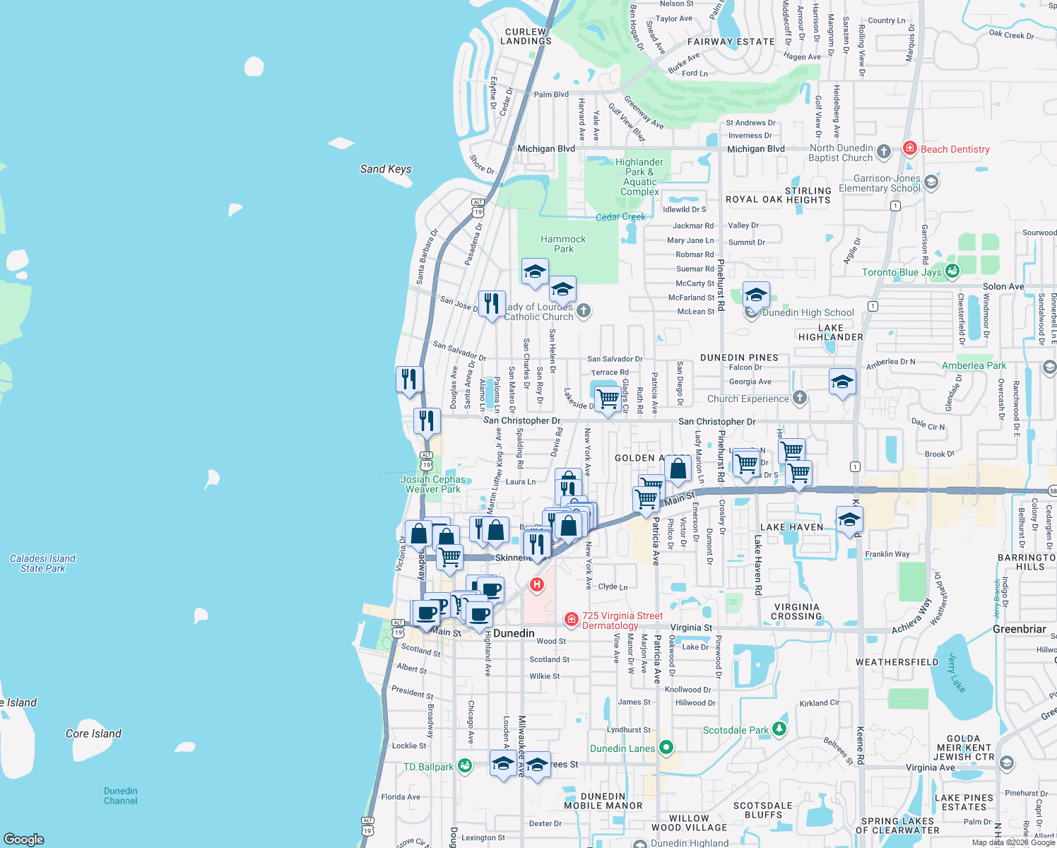 map of restaurants, bars, coffee shops, grocery stores, and more near 600 San Christopher Drive in Dunedin
