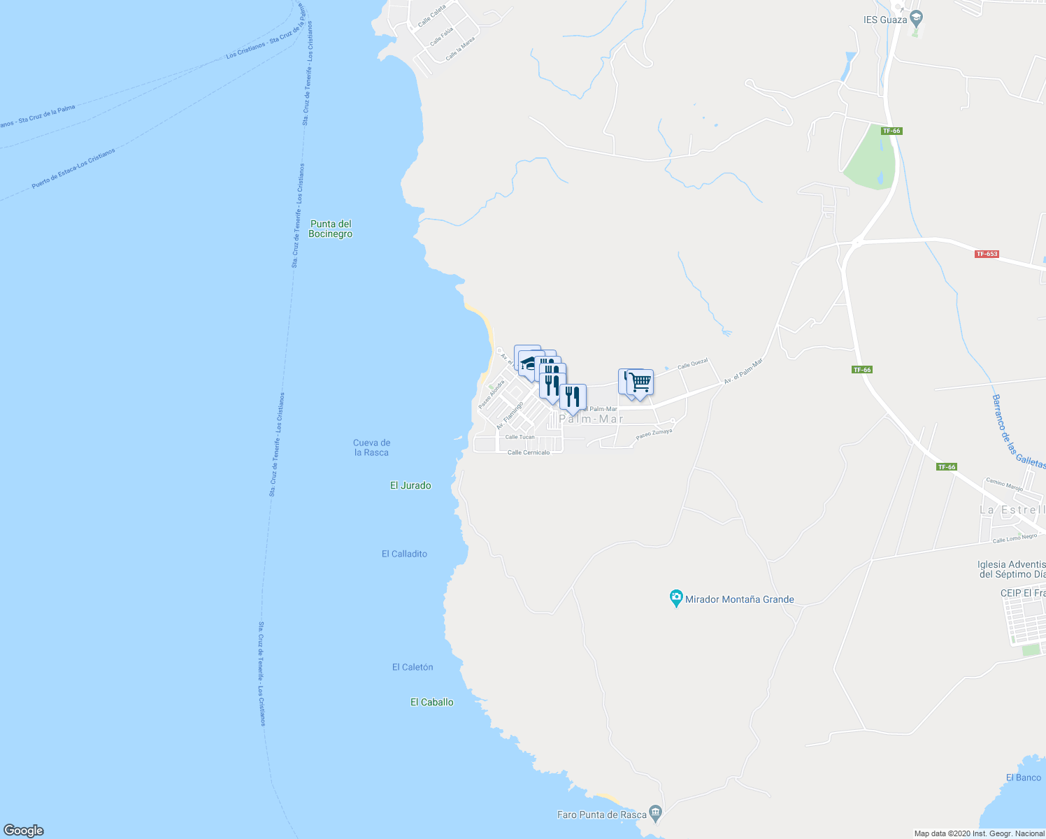map of restaurants, bars, coffee shops, grocery stores, and more near 235 Avenida Colibrí in Palm-Mar
