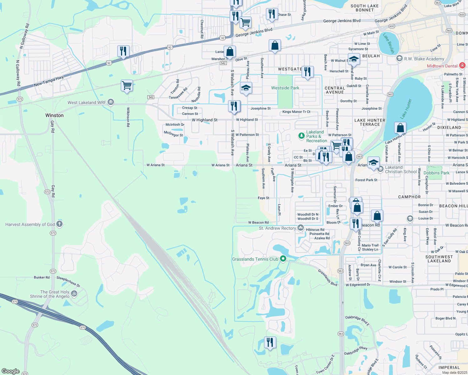 map of restaurants, bars, coffee shops, grocery stores, and more near 1417 South Wabash Avenue in Lakeland
