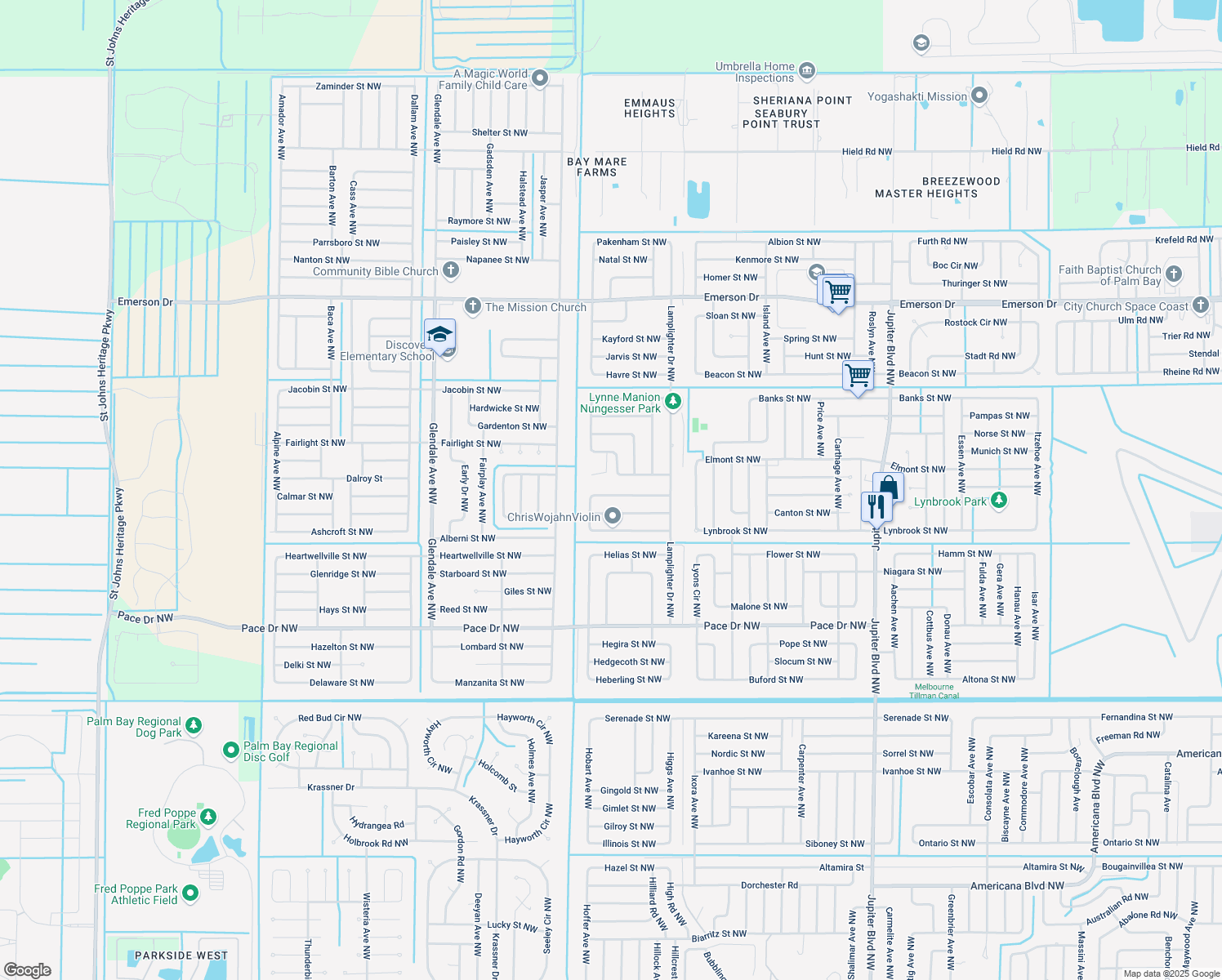 map of restaurants, bars, coffee shops, grocery stores, and more near 1338 Giralda Circle Northwest in Palm Bay