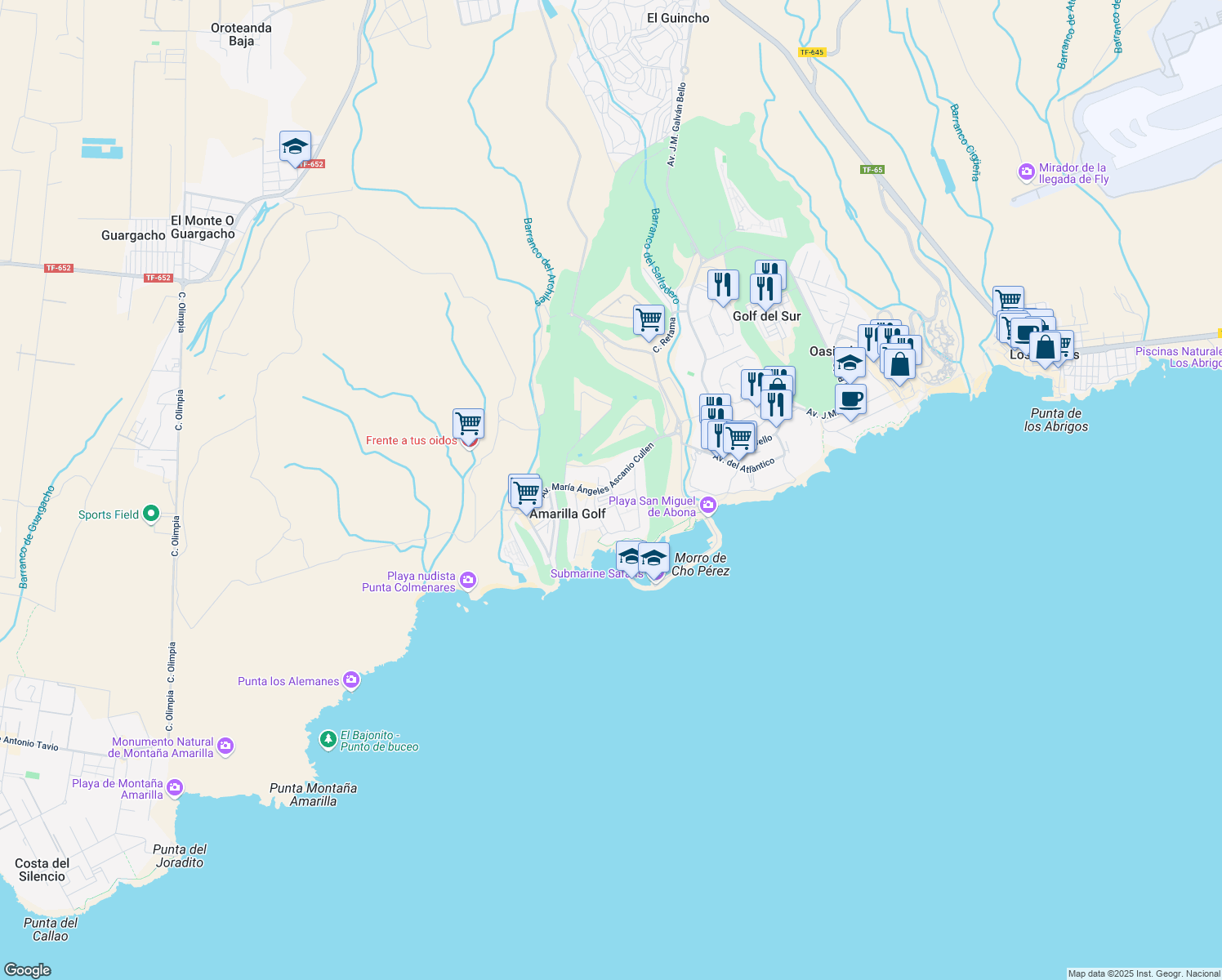 map of restaurants, bars, coffee shops, grocery stores, and more near Calle Flor de Lis in Amarilla Golf